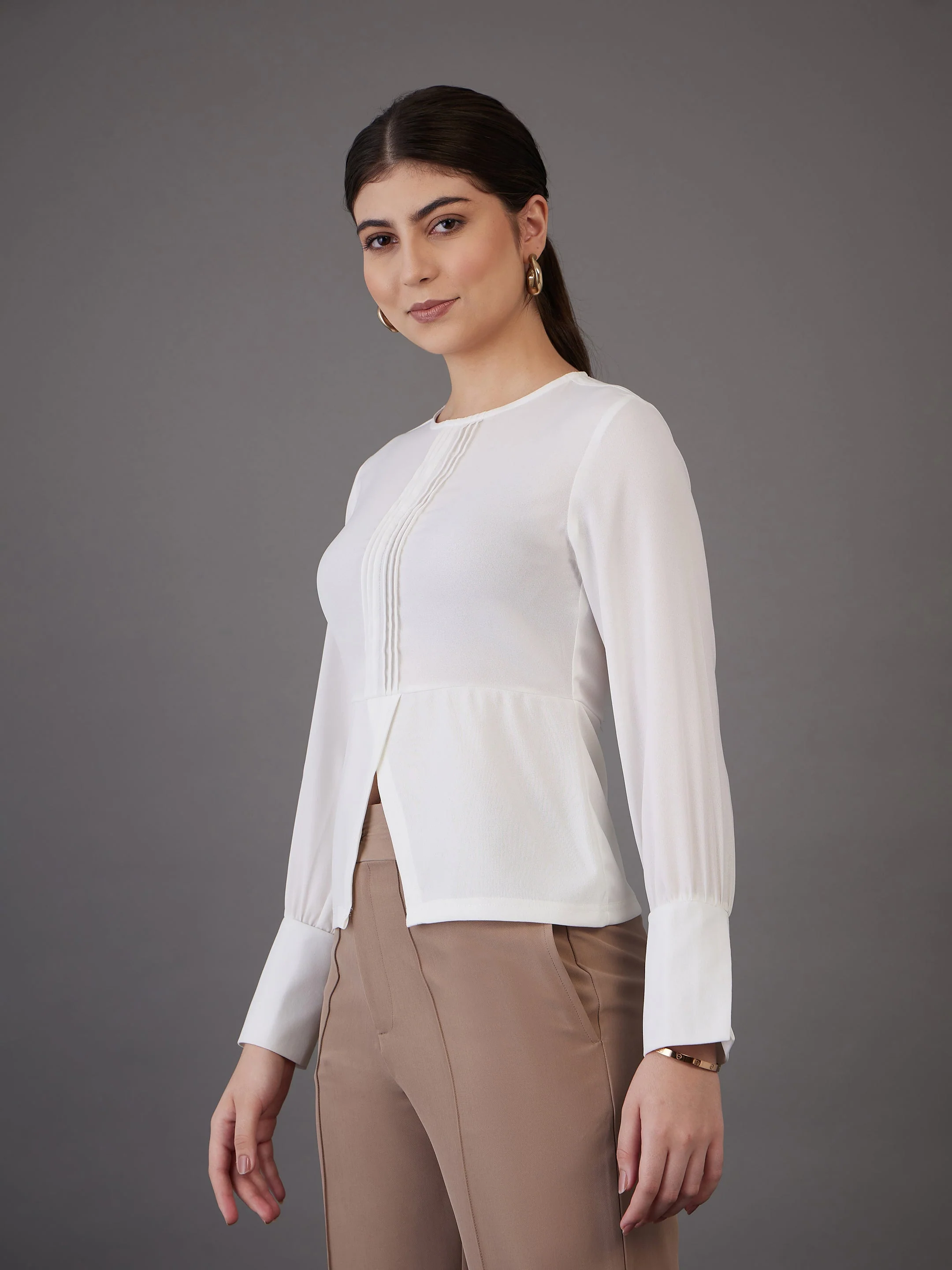 Women White Pin Tuck Peplum Top - Image 3