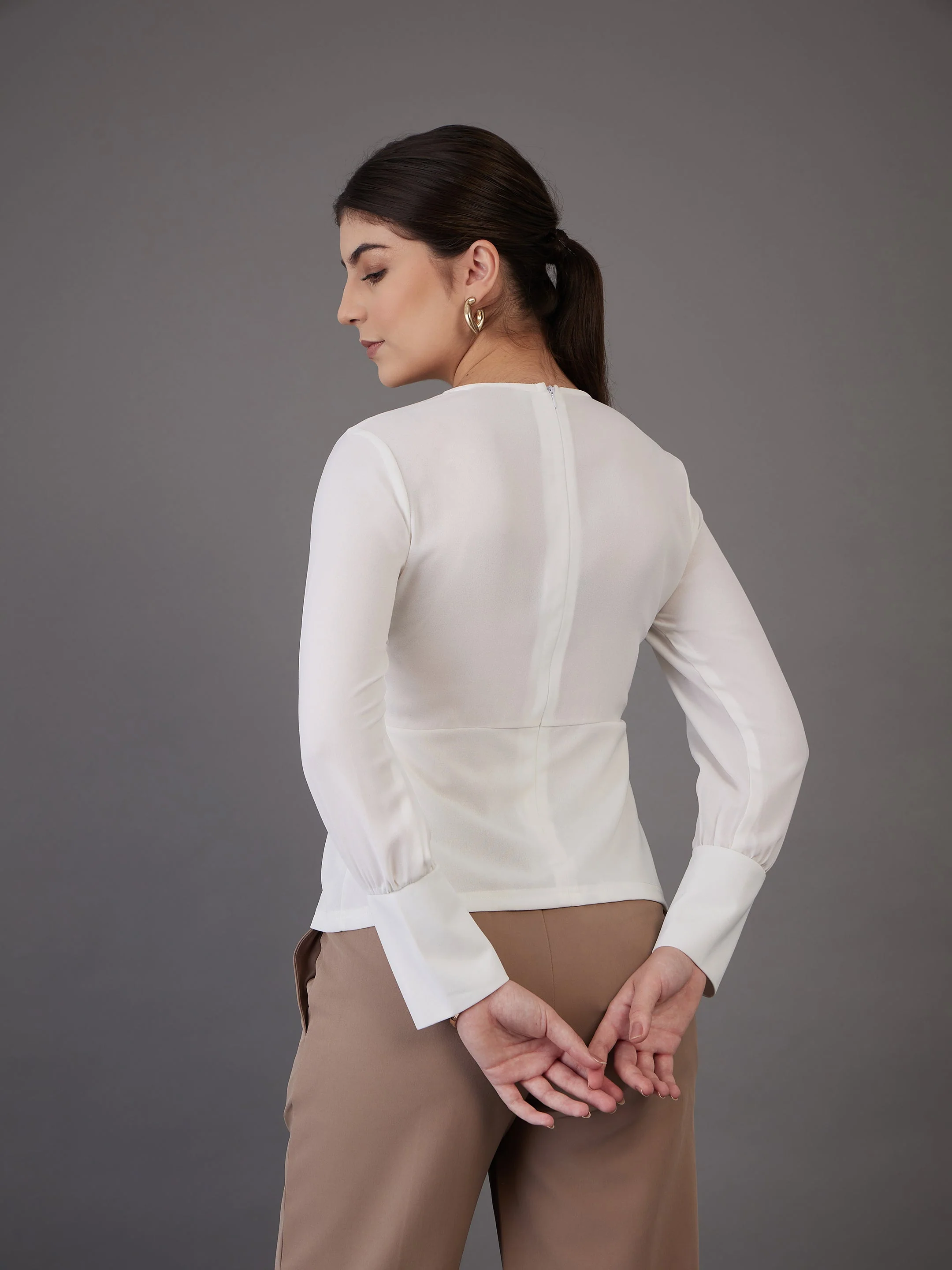 Women White Pin Tuck Peplum Top - Image 5
