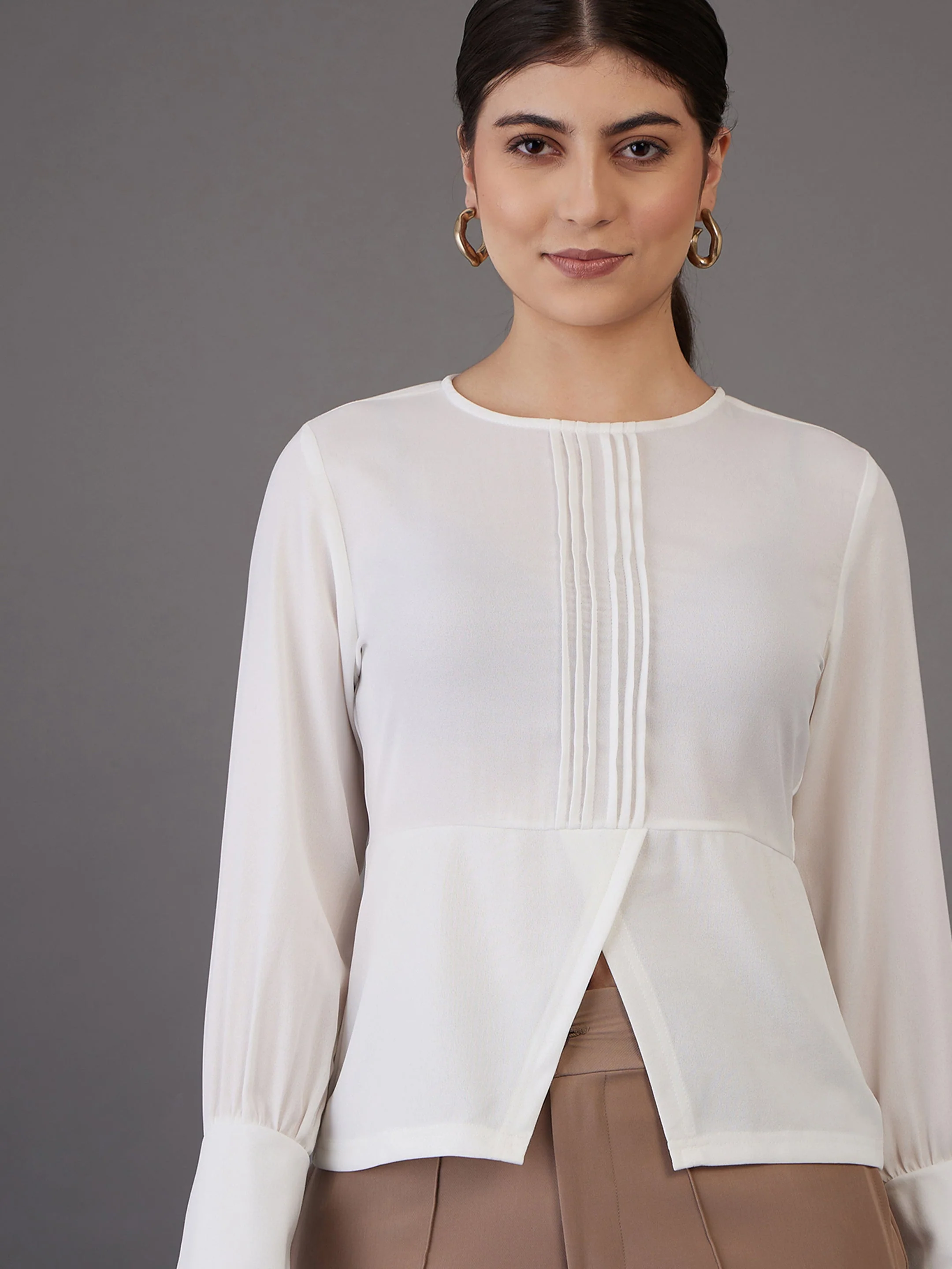 Women White Pin Tuck Peplum Top - Image 6