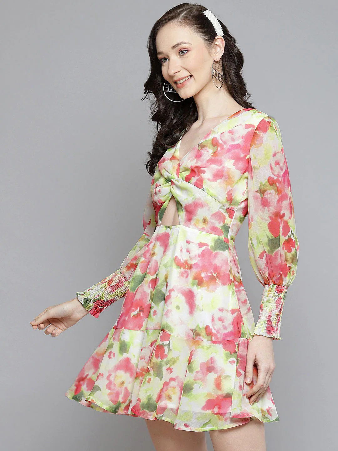 Women White & Pink Floral Front Knot Short Dress - Image 2