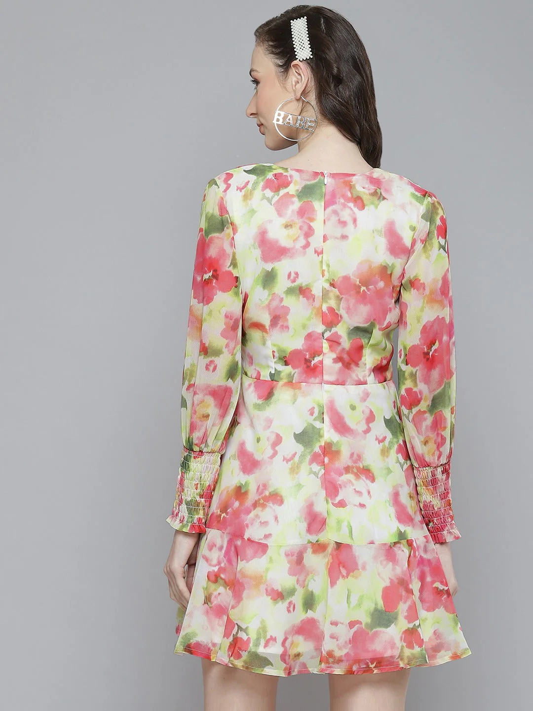 Women White & Pink Floral Front Knot Short Dress - Image 3