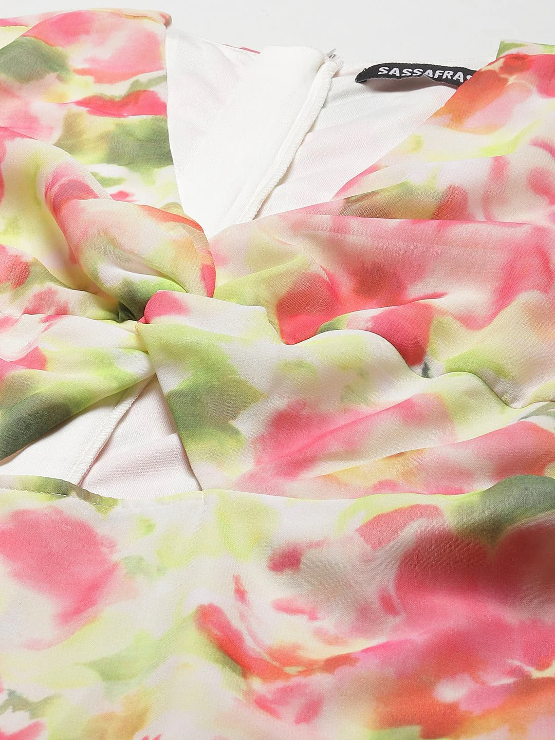 Women White & Pink Floral Front Knot Short Dress - Image 5