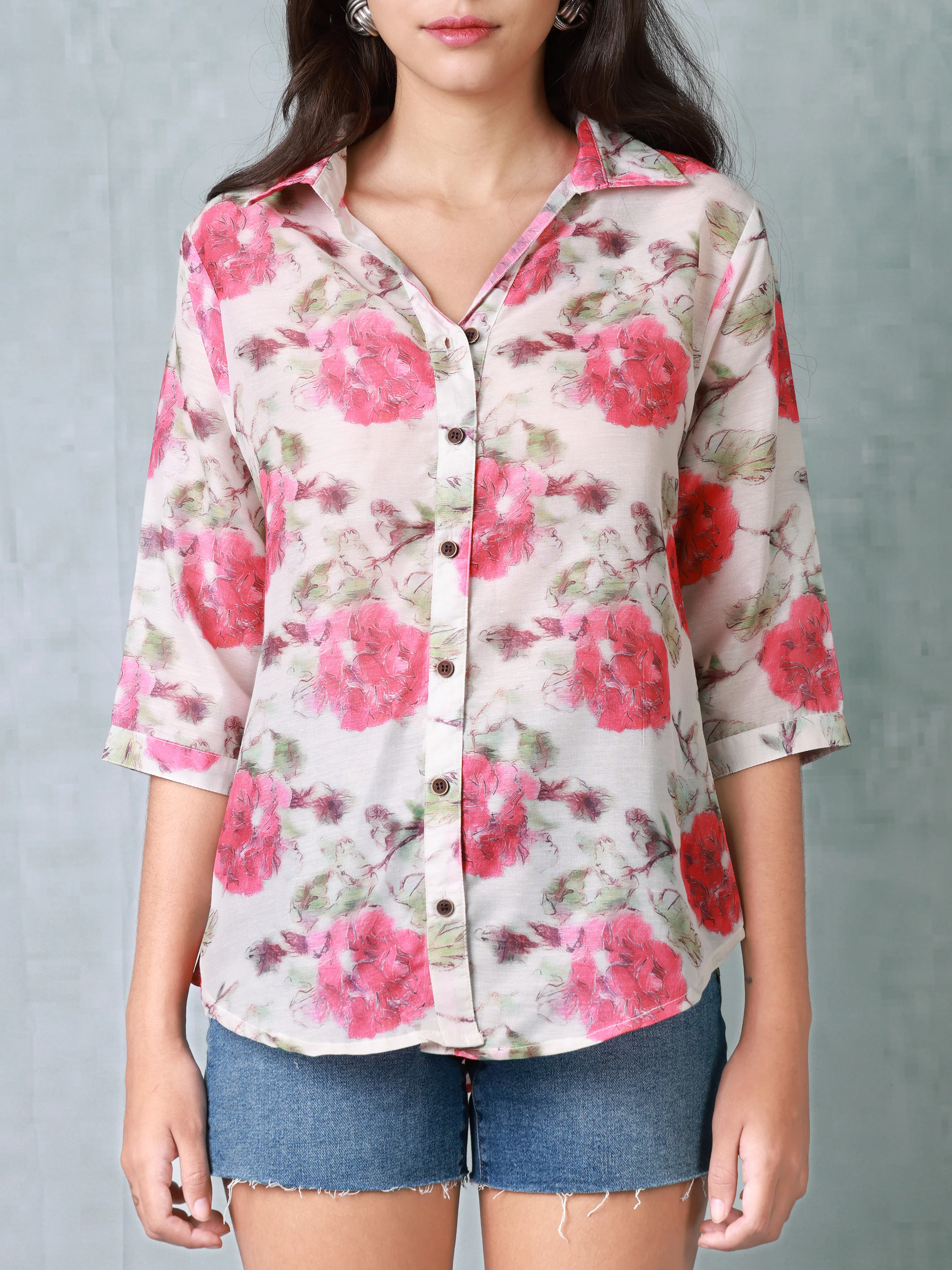 Women White Pink Floral Printed Shirt - Image 6