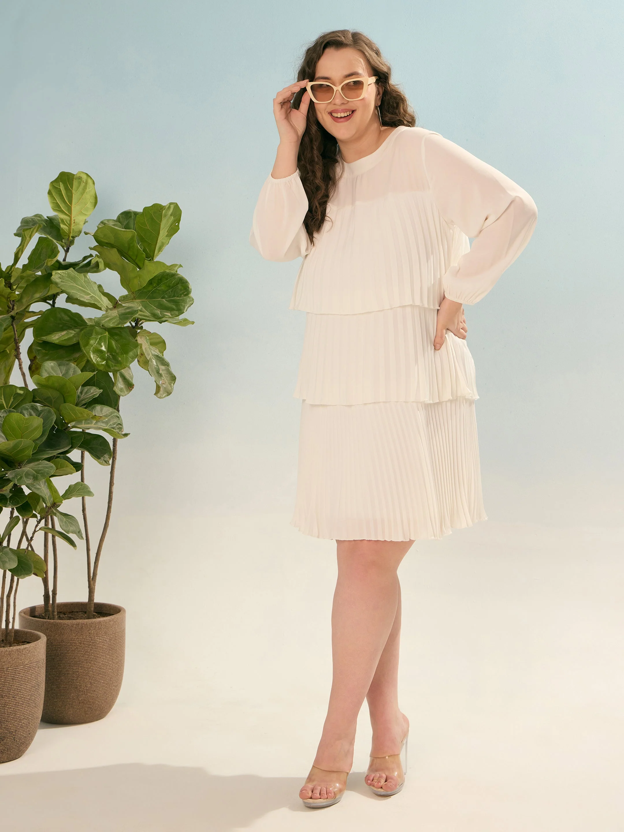 Women White Pleated Skater Tiered Dress - Image 2