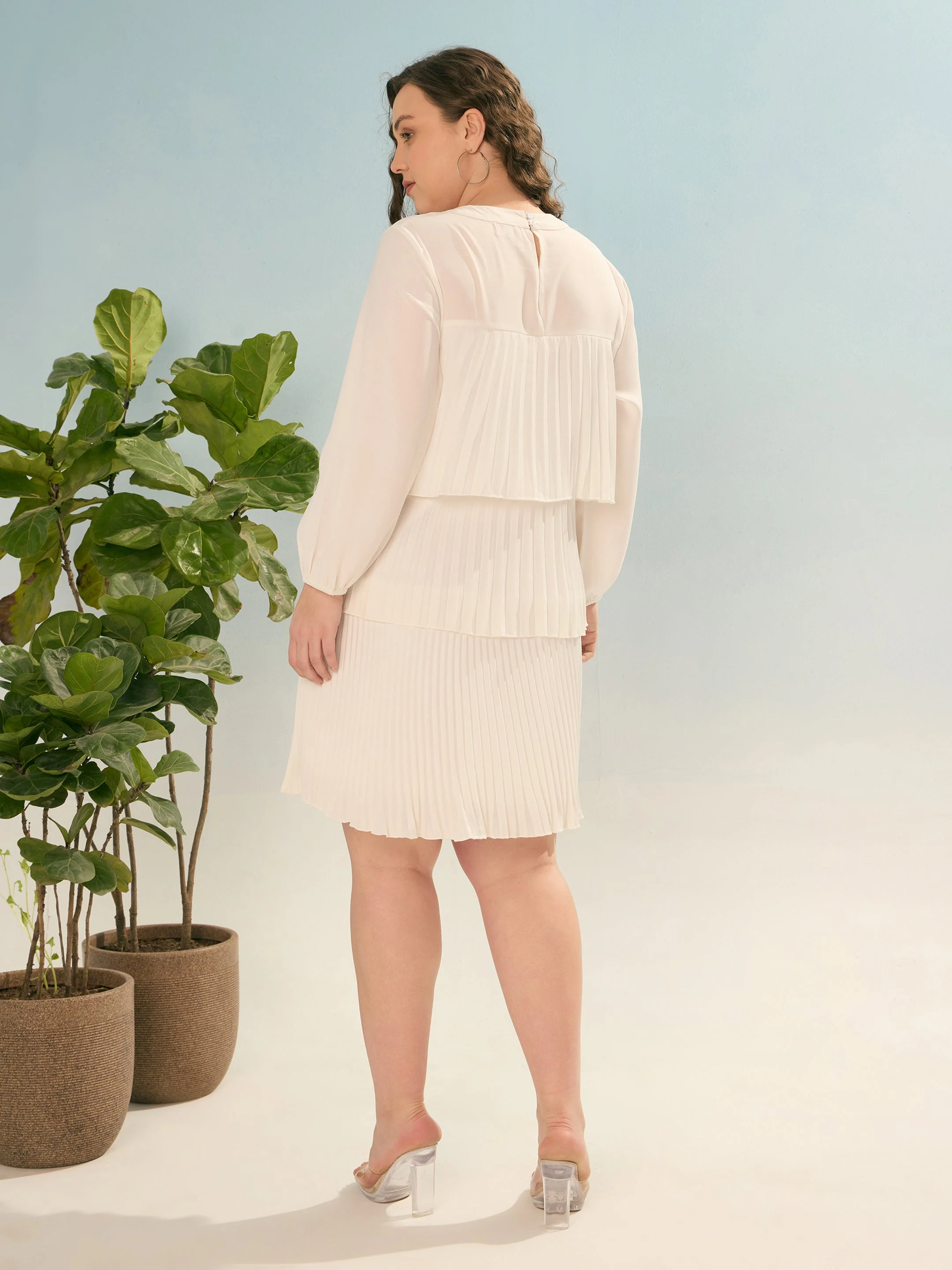 Women White Pleated Skater Tiered Dress - Image 5