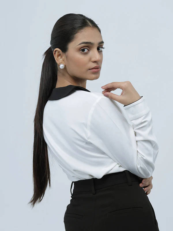 Women White Polyester Peter Pan Shirt - Image 2