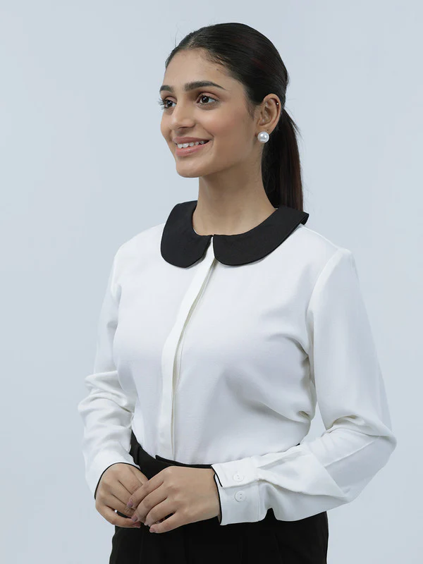 Women White Polyester Peter Pan Shirt - Image 3