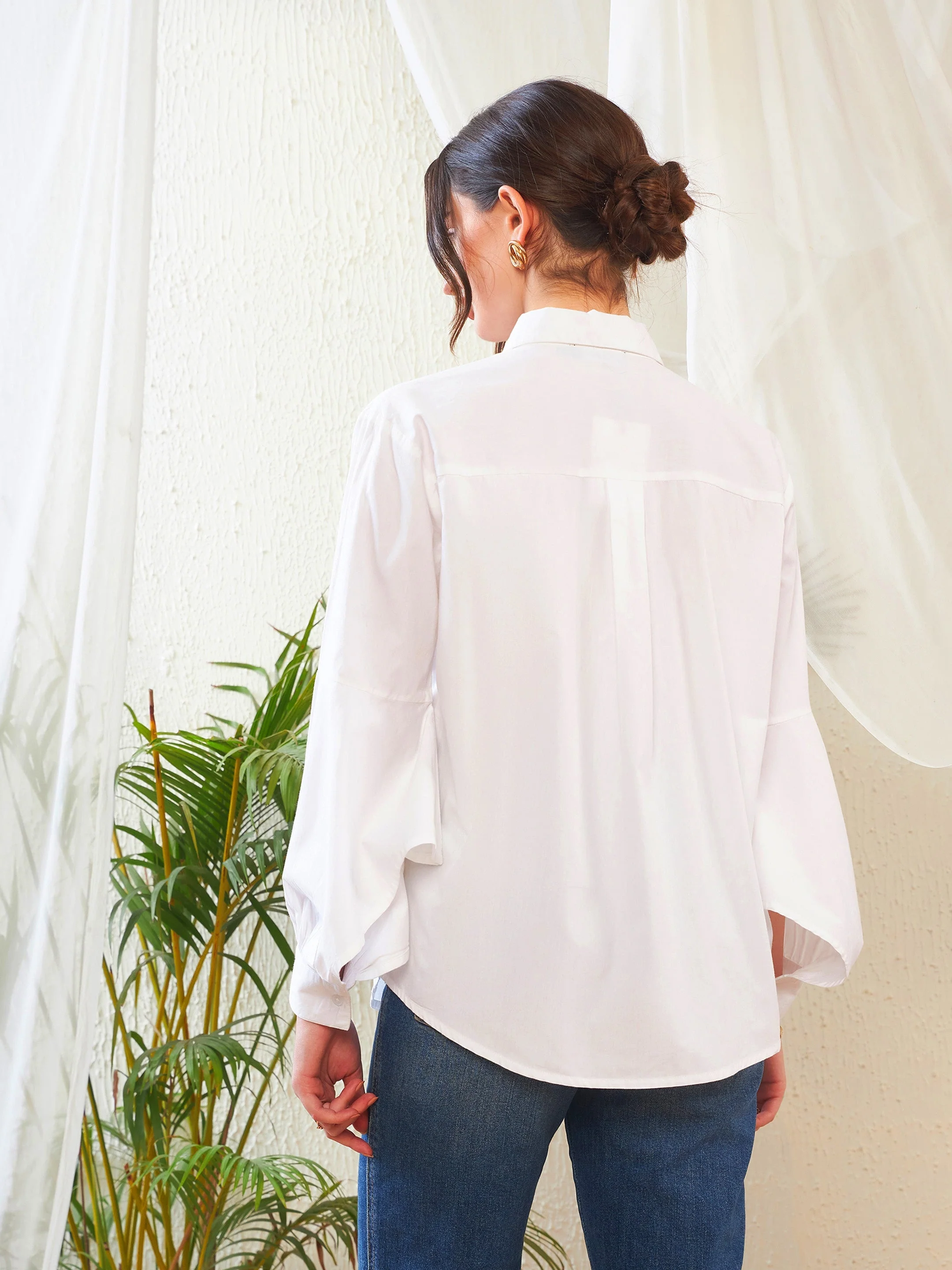 Women White Poplin Lantern Sleeves Shirt - Image 2