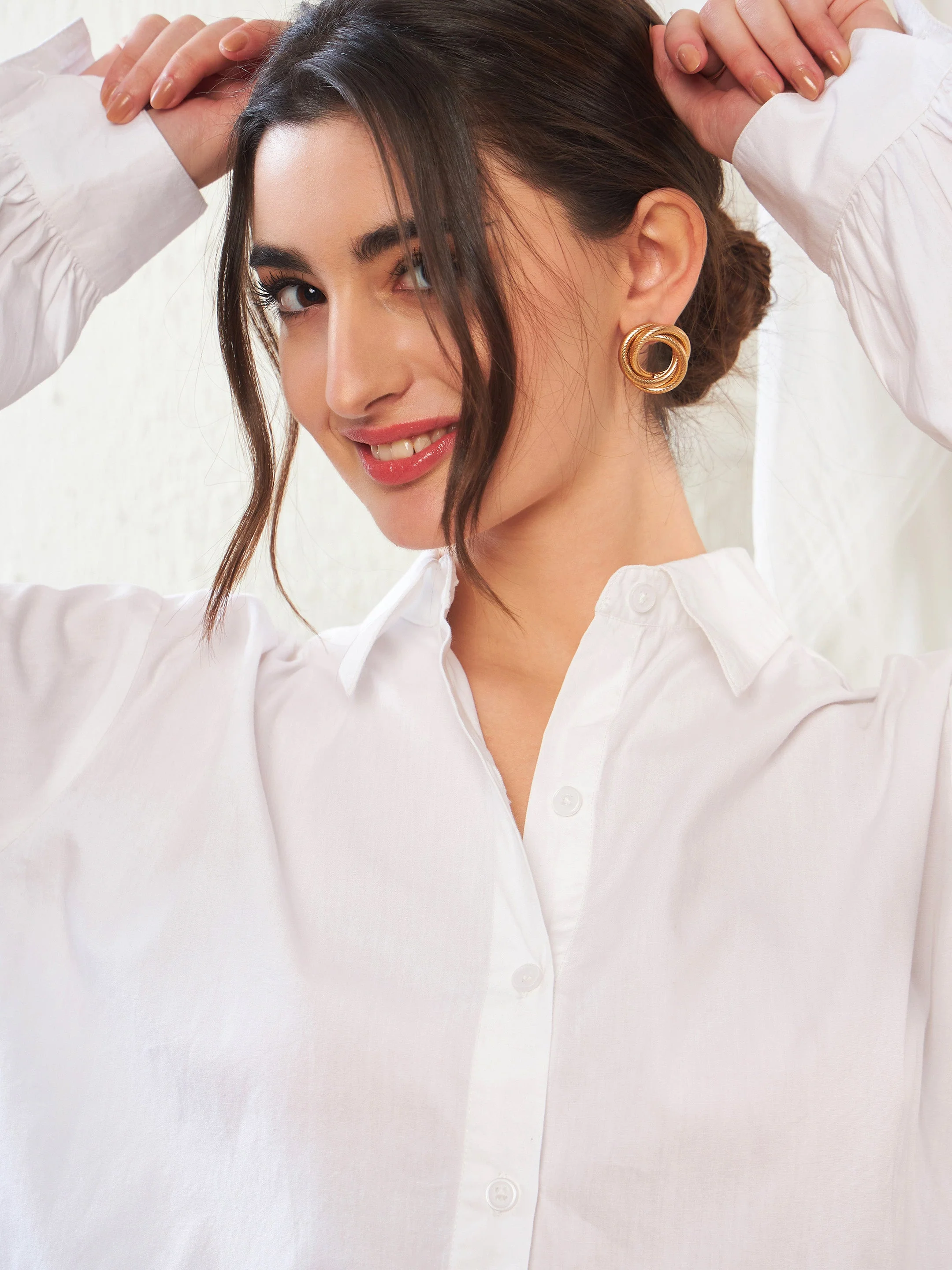 Women White Poplin Lantern Sleeves Shirt - Image 3