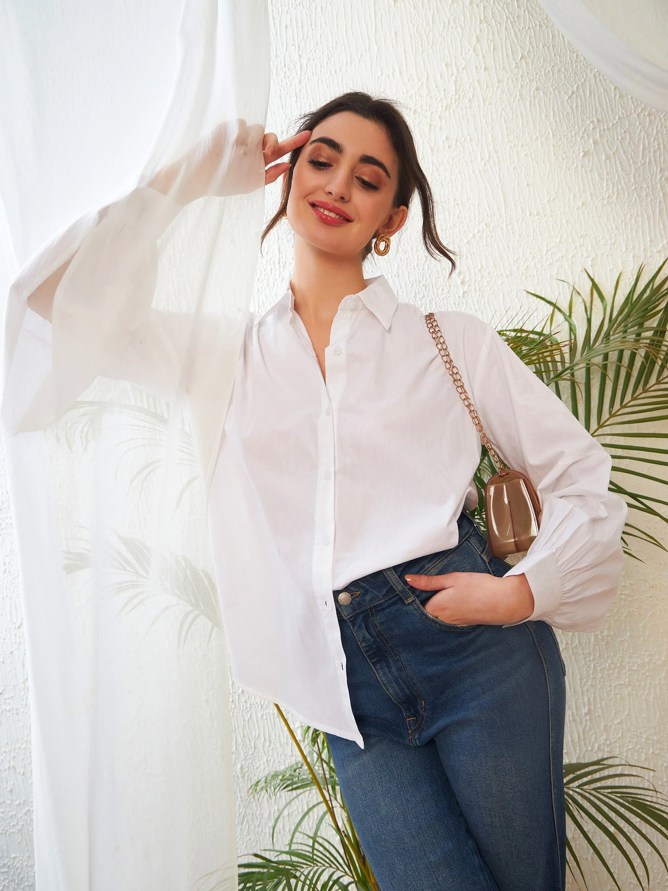 Women White Poplin Lantern Sleeves Shirt - Image 4