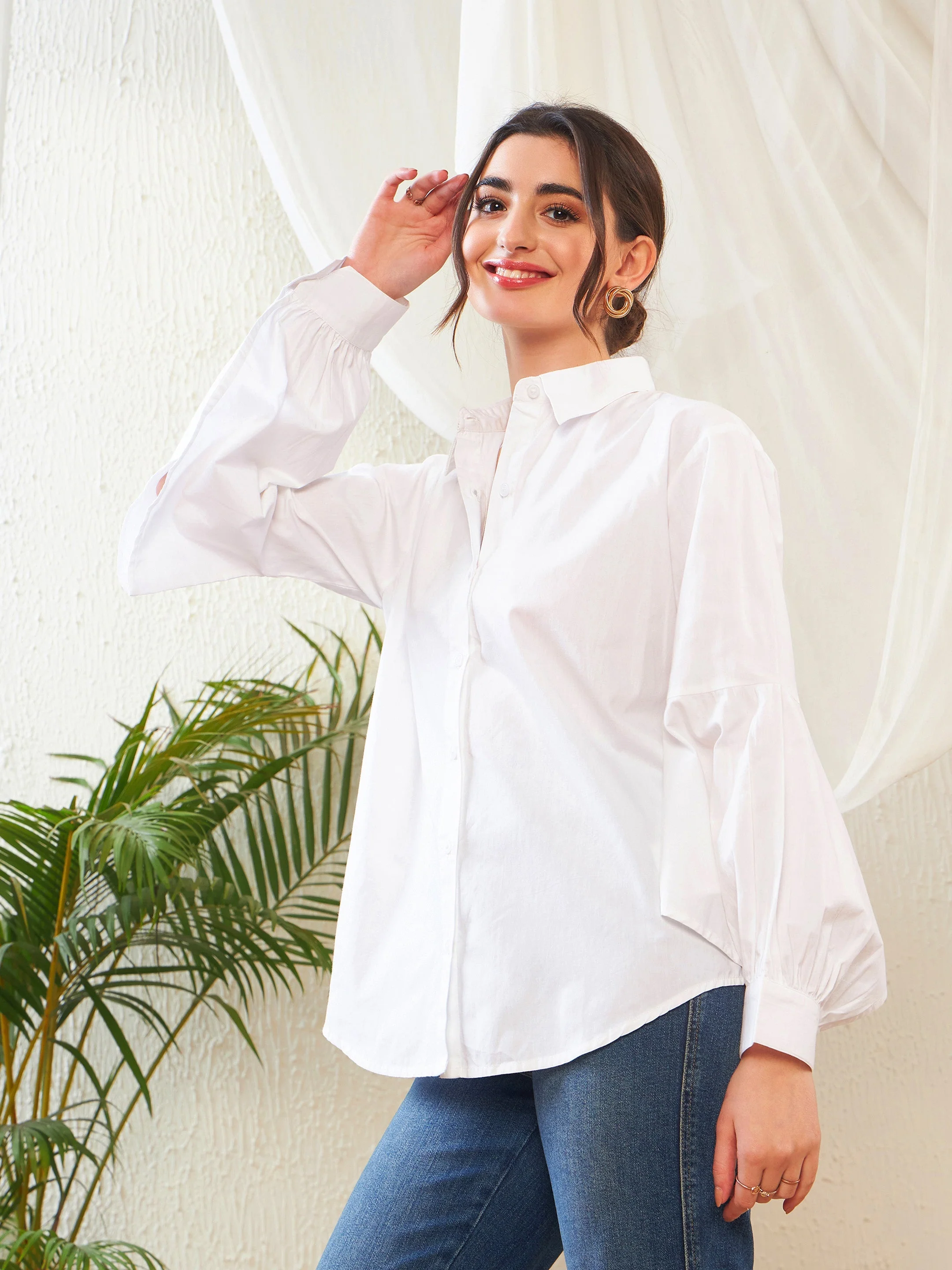 Women White Poplin Lantern Sleeves Shirt - Image 5