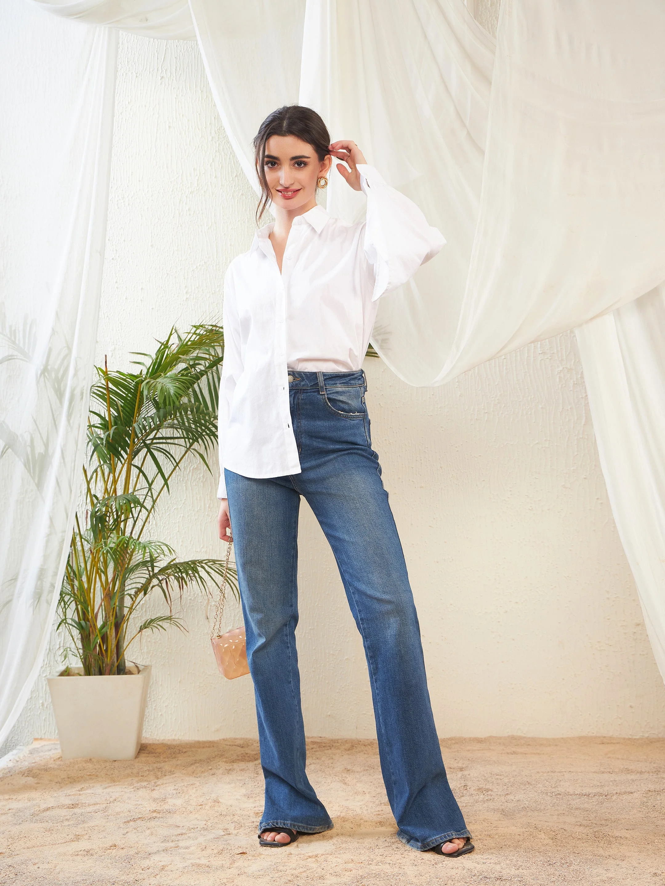 Women White Poplin Lantern Sleeves Shirt - Image 6