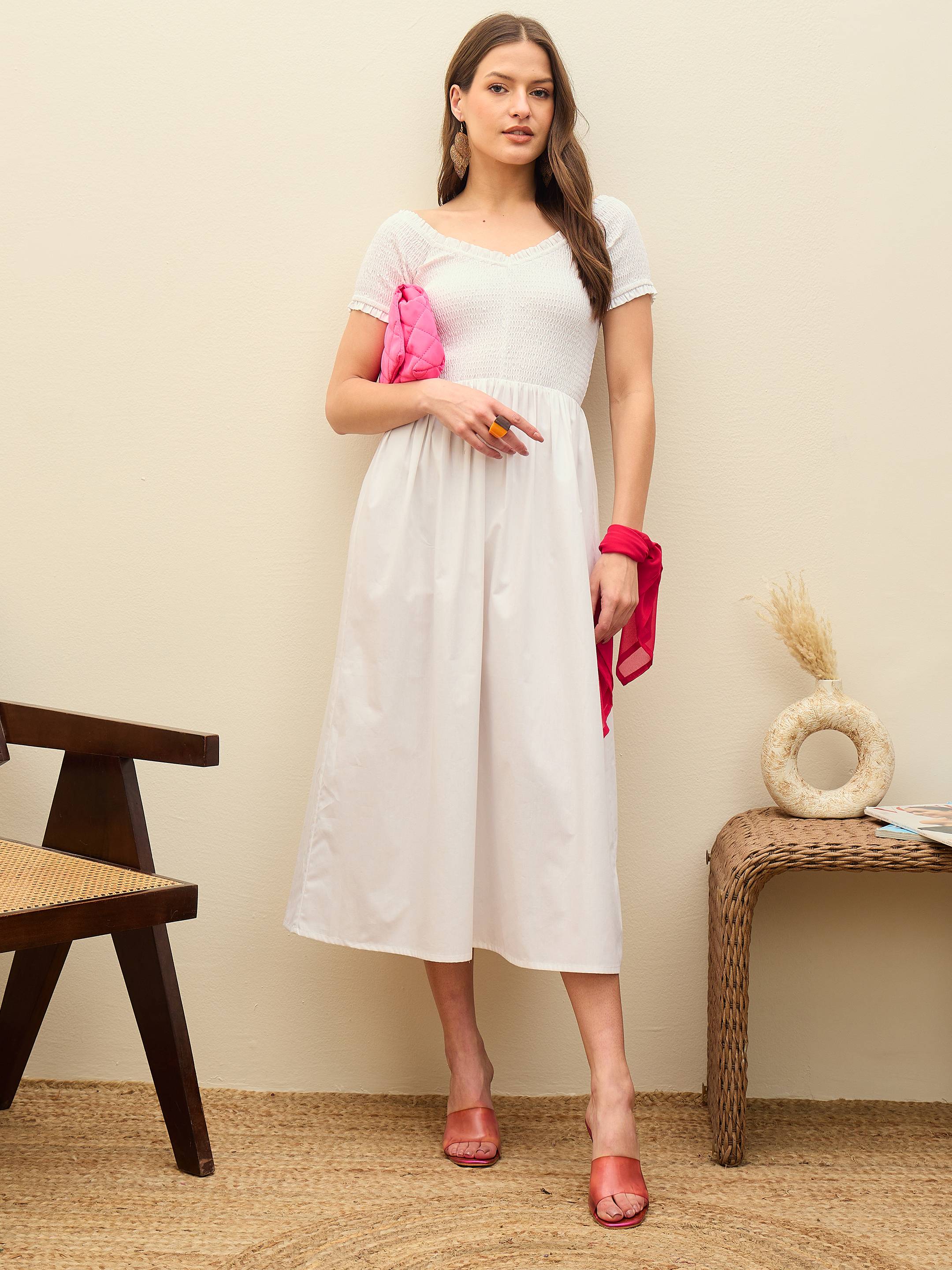 Women White Poplin Smocked Midi Dress - Image 2