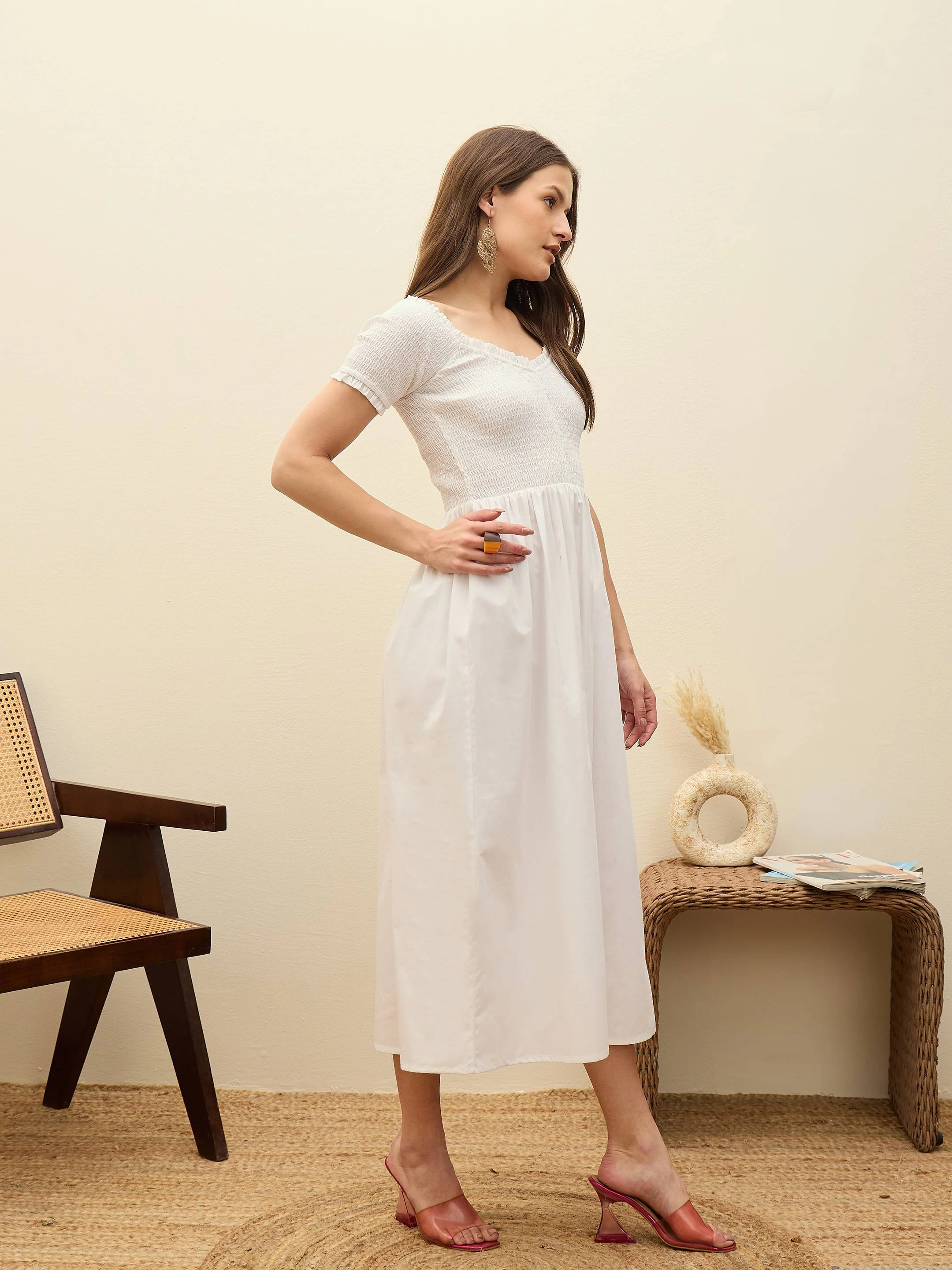 Women White Poplin Smocked Midi Dress - Image 3