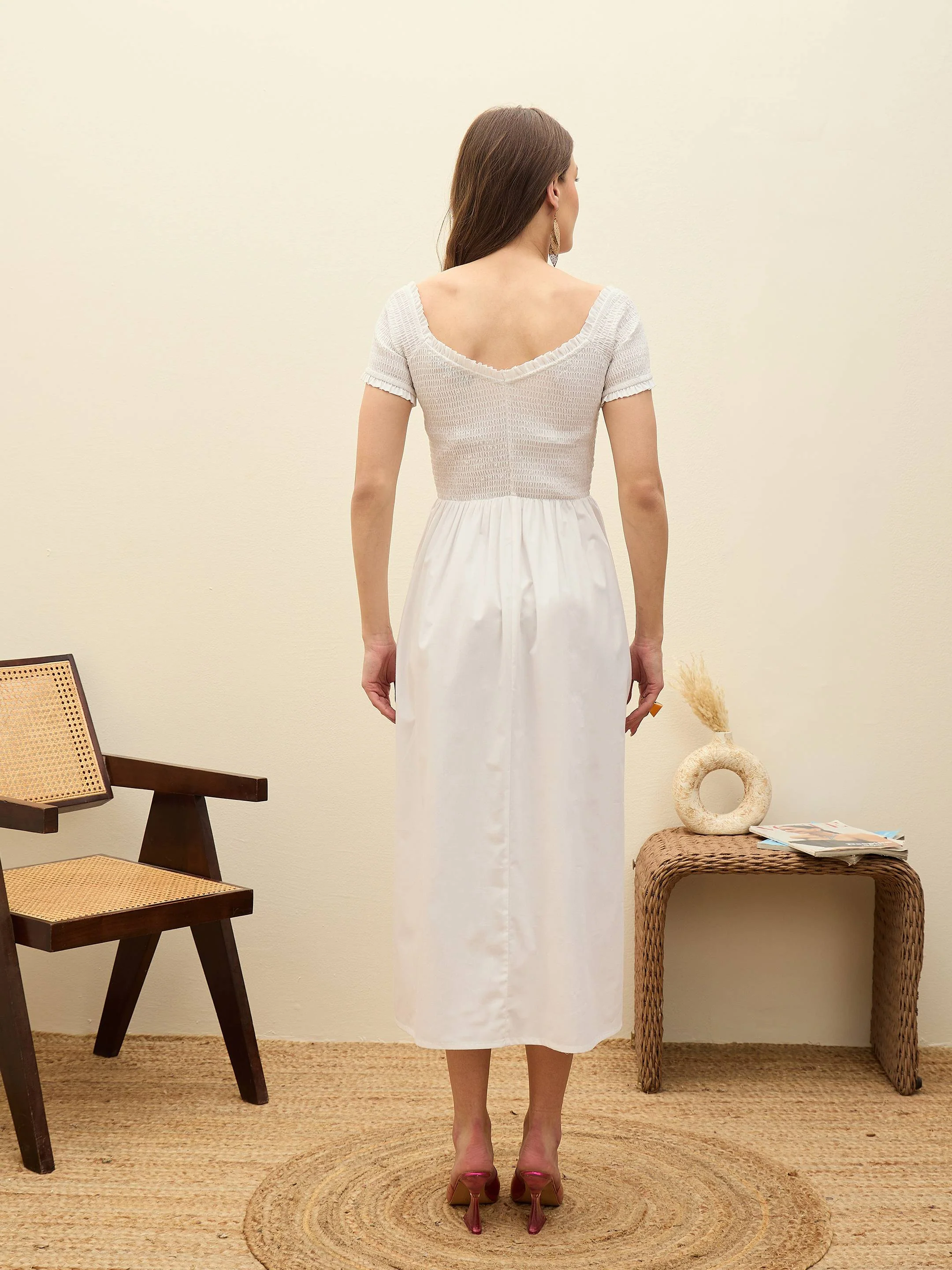Women White Poplin Smocked Midi Dress - Image 5