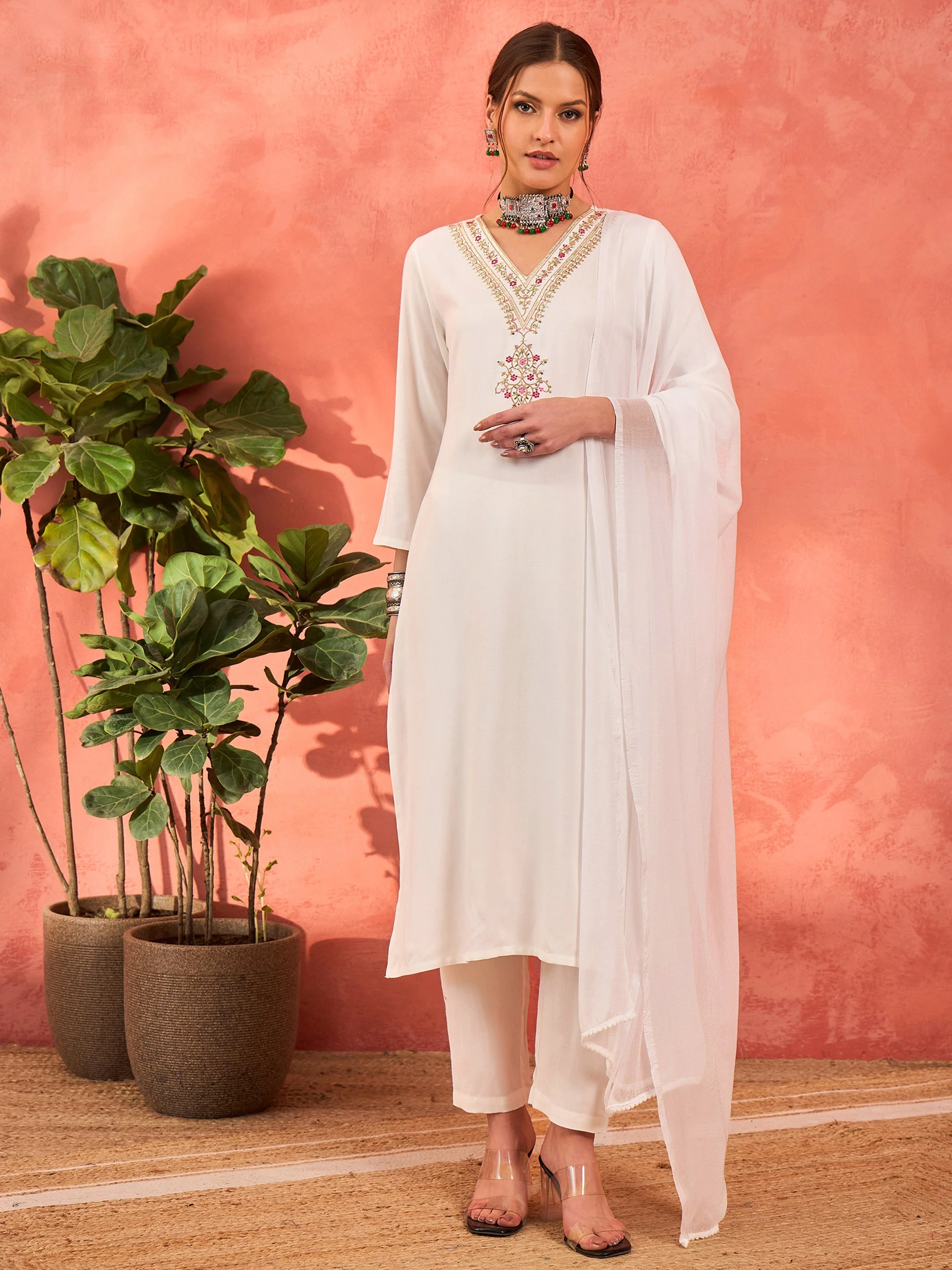 Women White Rayon Embroidered Kurta With Pencil Pants & Dupatta - Image 2