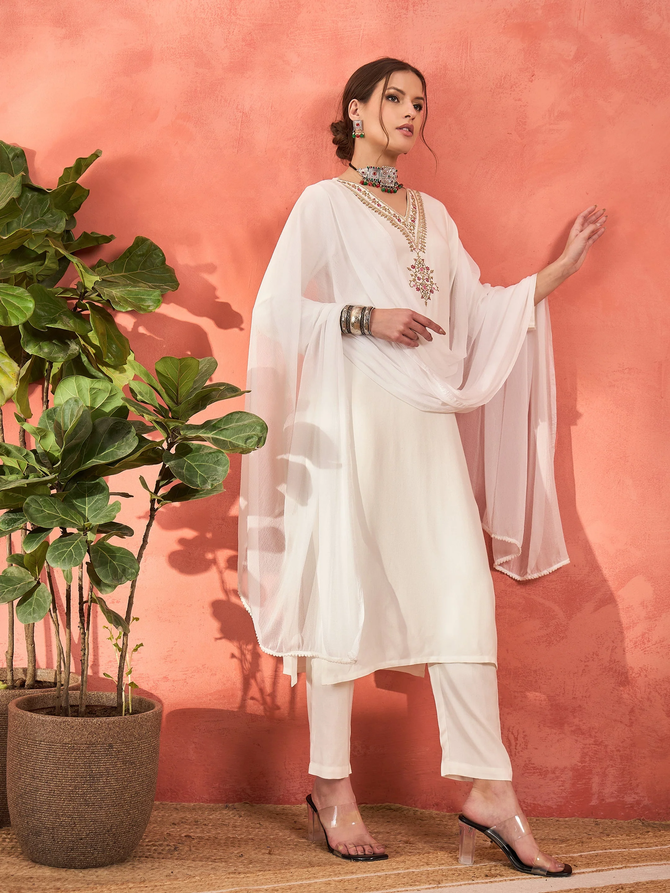 Women White Rayon Embroidered Kurta With Pencil Pants & Dupatta - Image 3