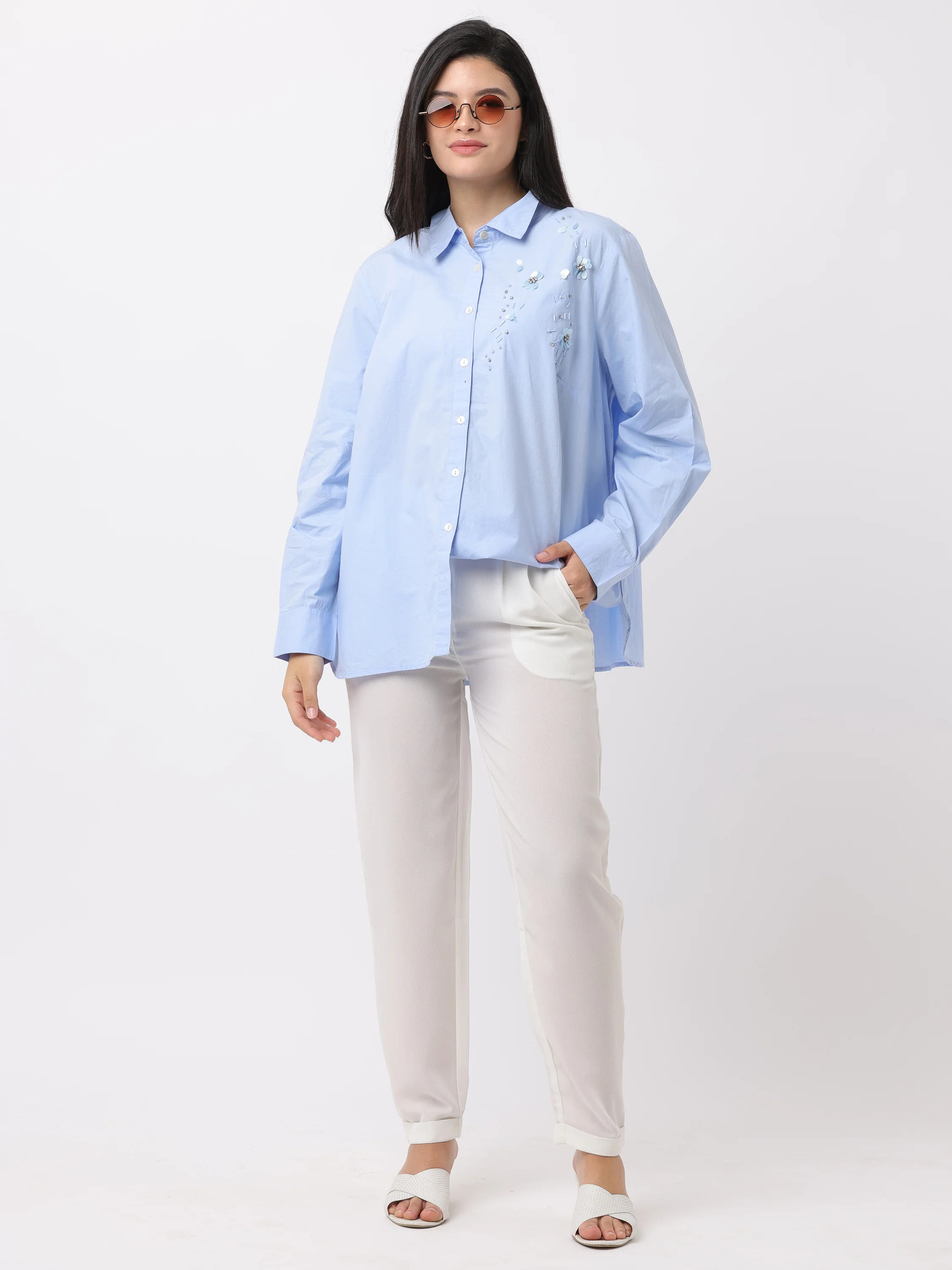 Women White Regular Fit Georgette Pants - Image 2