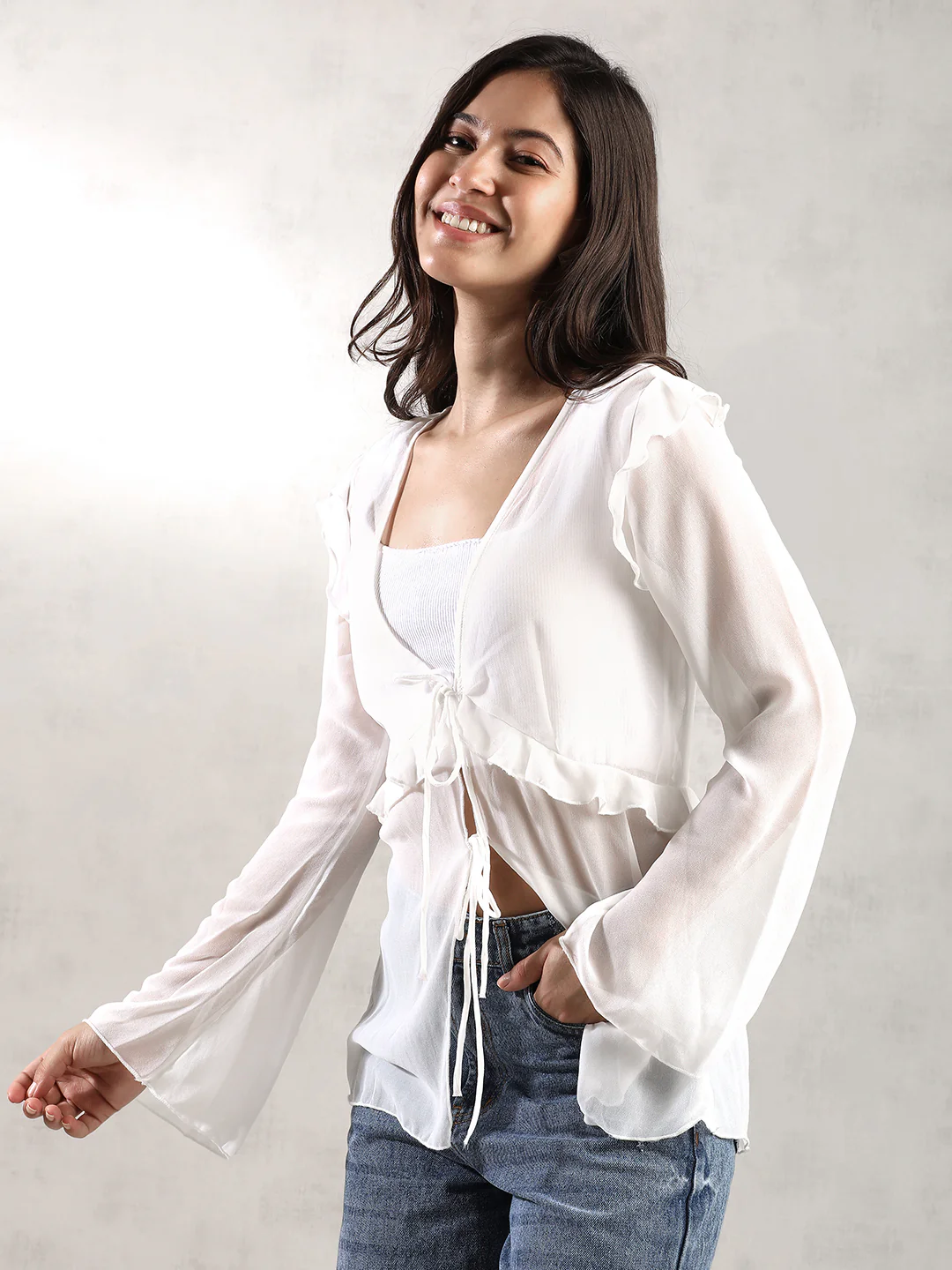Women White Front Tie Up Top - Image 5