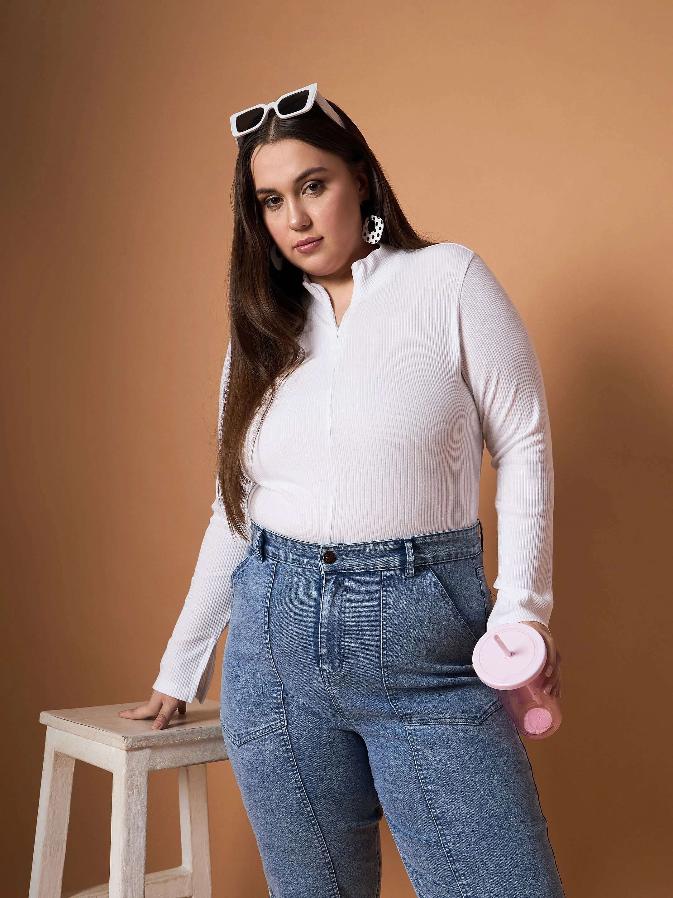 Women White Rib Front Zipper High Neck Top - Image 2