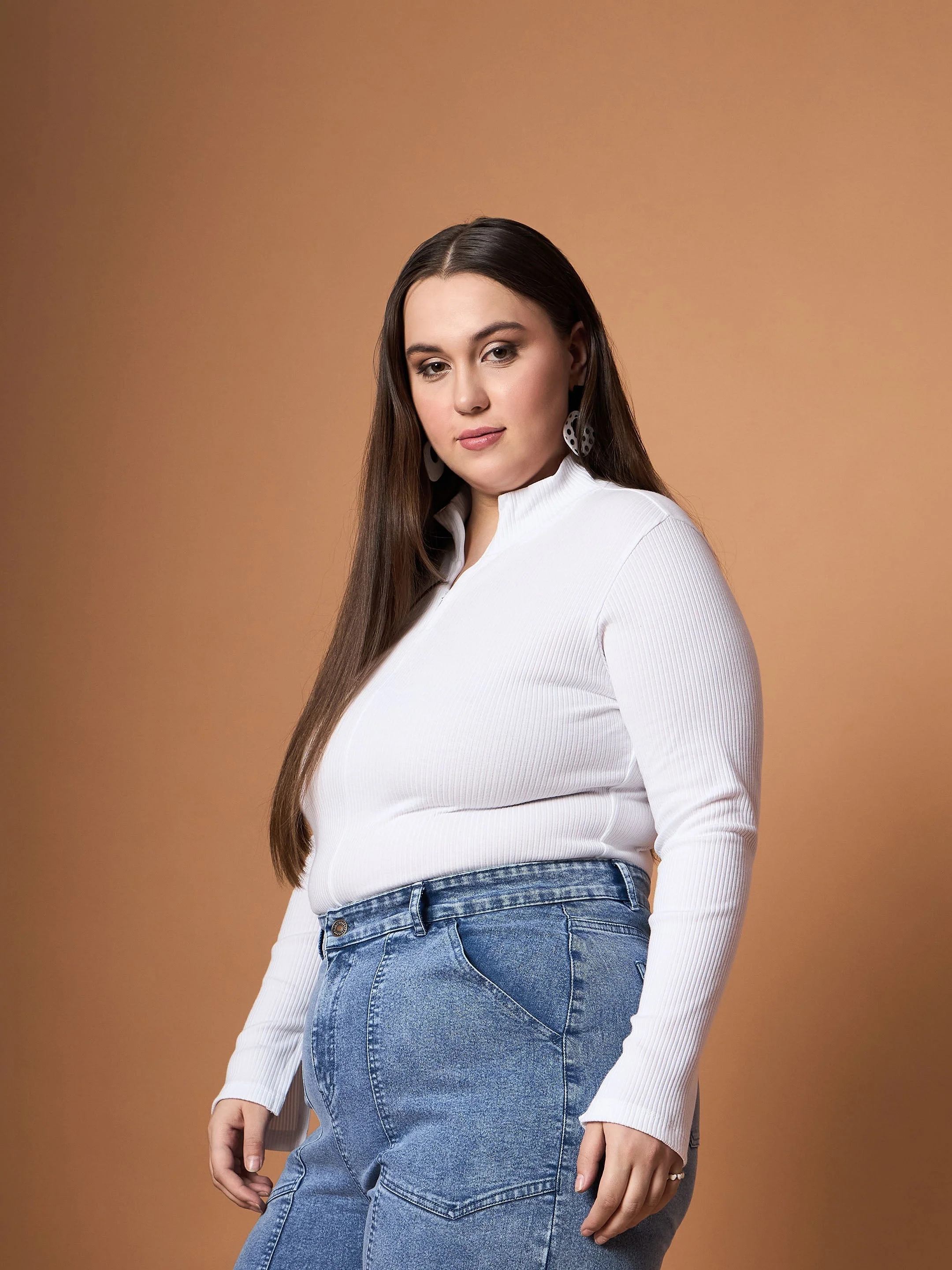 Women White Rib Front Zipper High Neck Top - Image 3