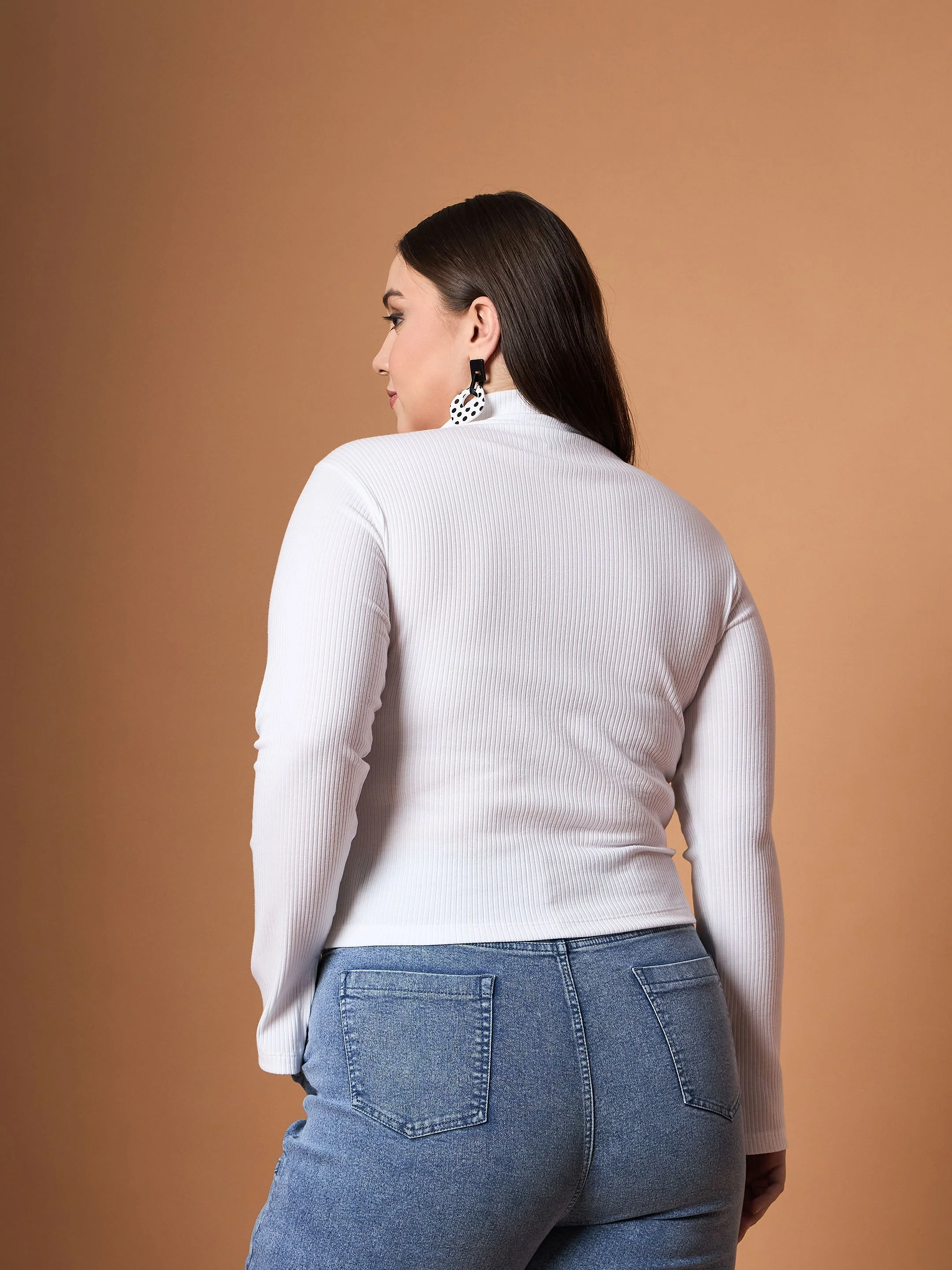 Women White Rib Front Zipper High Neck Top - Image 5
