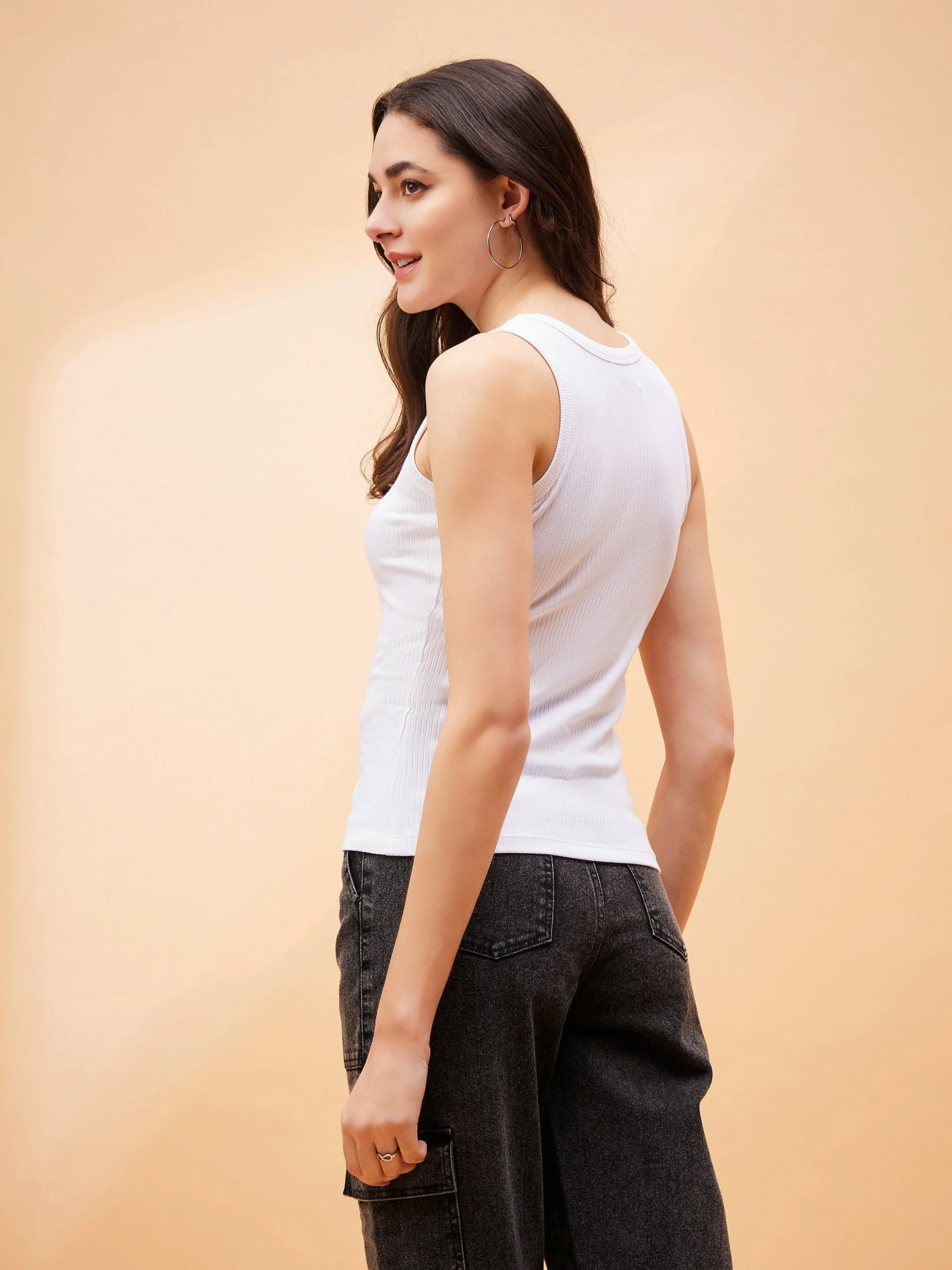 Women White Rib Sleeveless Basic Top - Image 2
