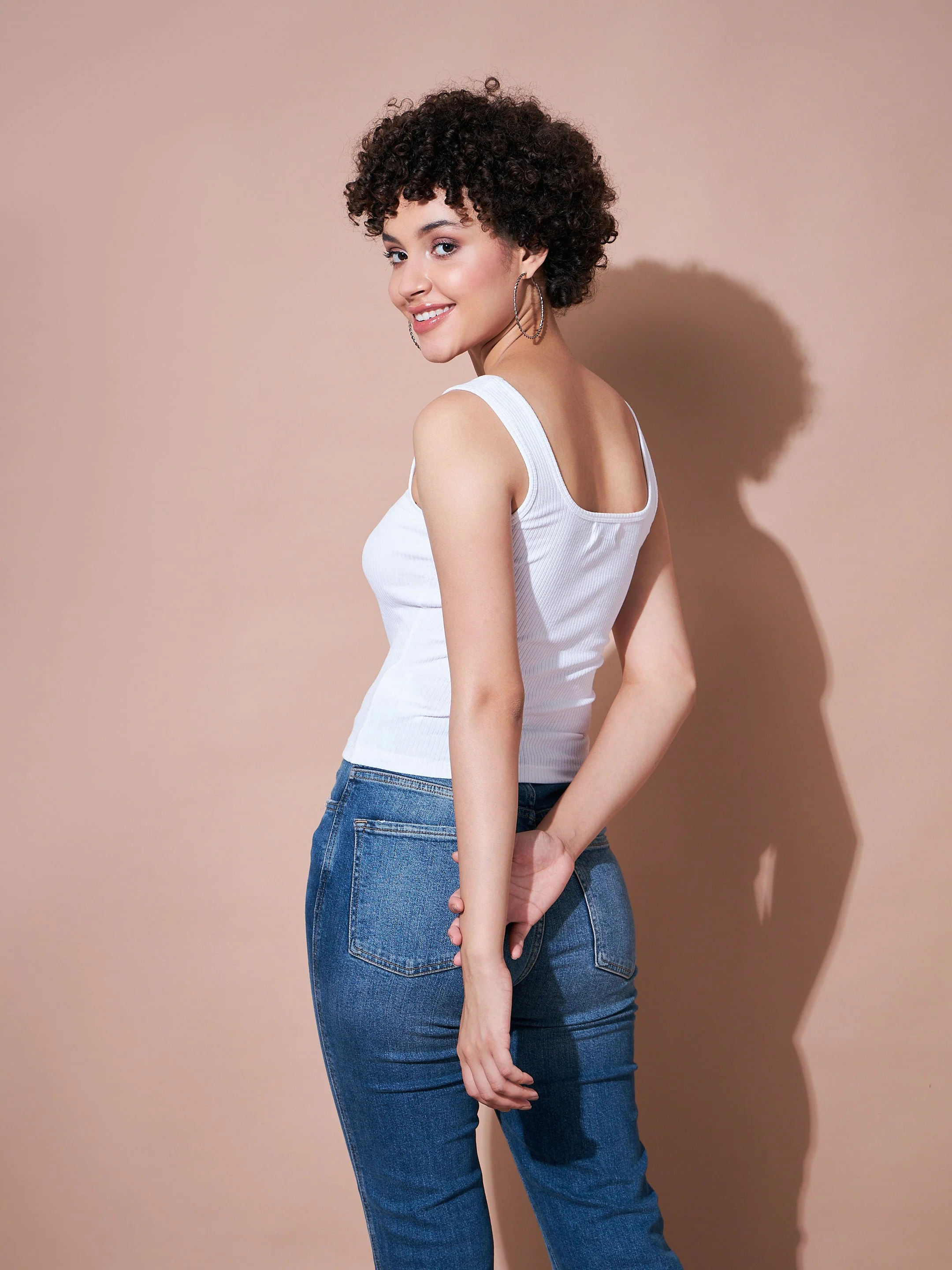 Women White Rib Sleeveless Top - Image 2