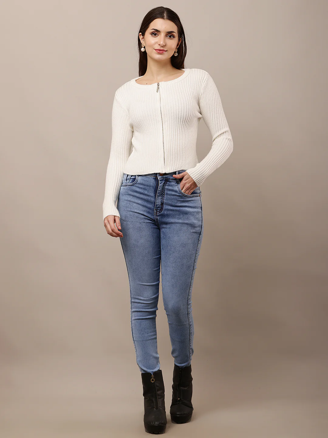 Women White Ribbed Round Neck Full Sleeve Sweater - Image 3