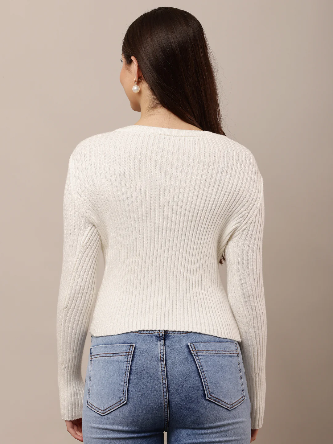 Women White Ribbed Round Neck Full Sleeve Sweater - Image 4