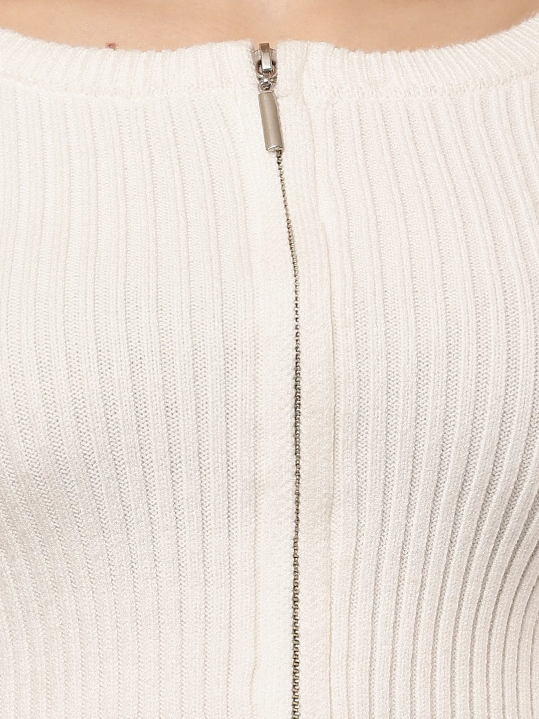 Women White Ribbed Round Neck Full Sleeve Sweater - Image 5