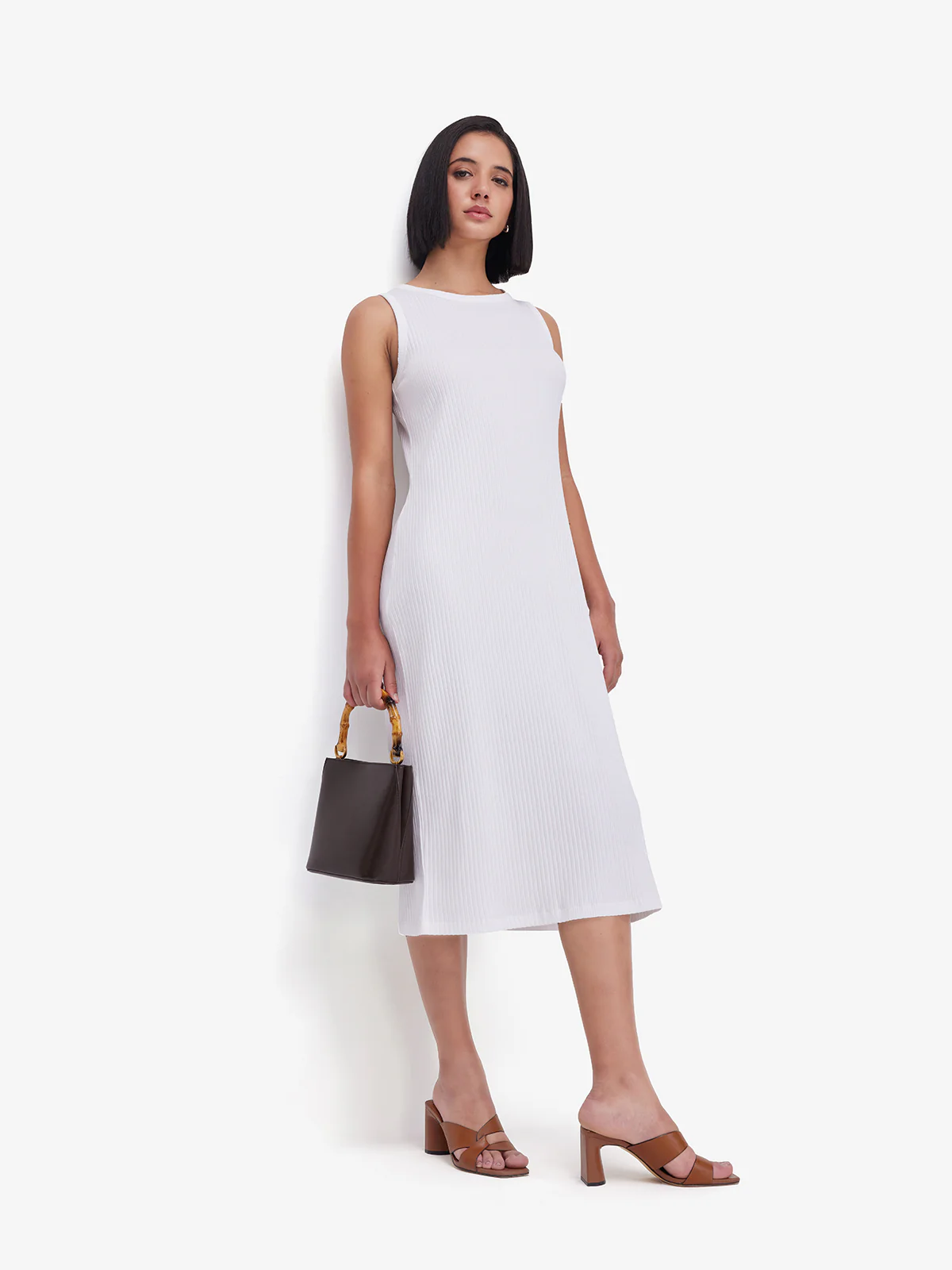 Women White Ribbed Side Slit Midi Dress - Image 3