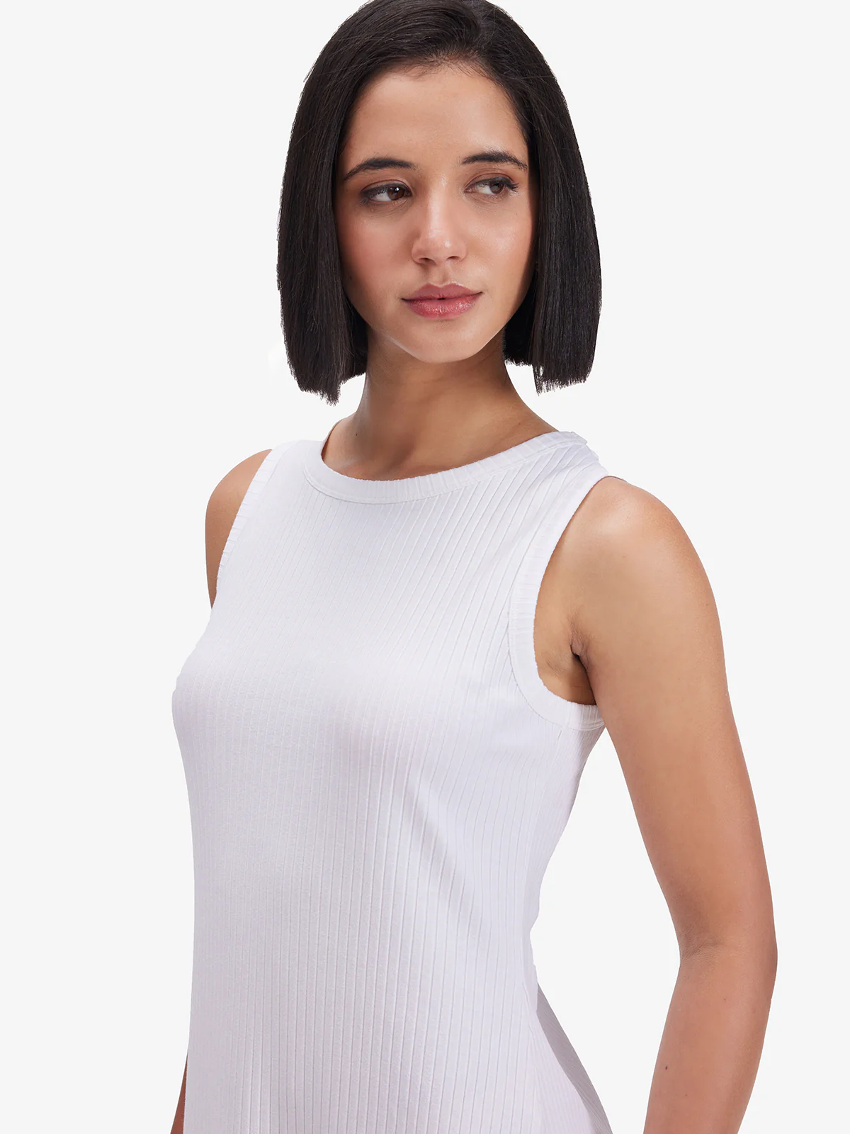 Women White Ribbed Side Slit Midi Dress - Image 4