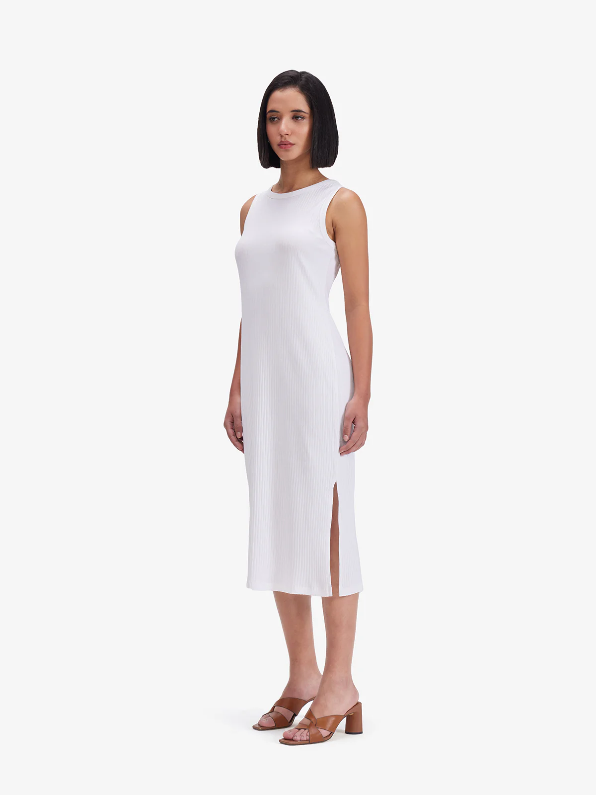 Women White Ribbed Side Slit Midi Dress - Image 5