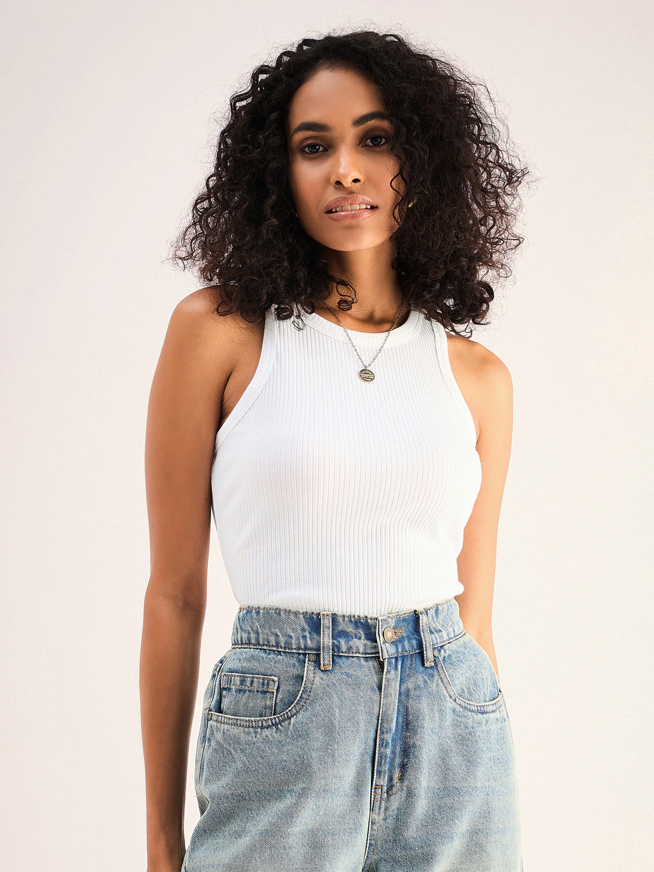 Women White Ribbed Vest Top - Image 3