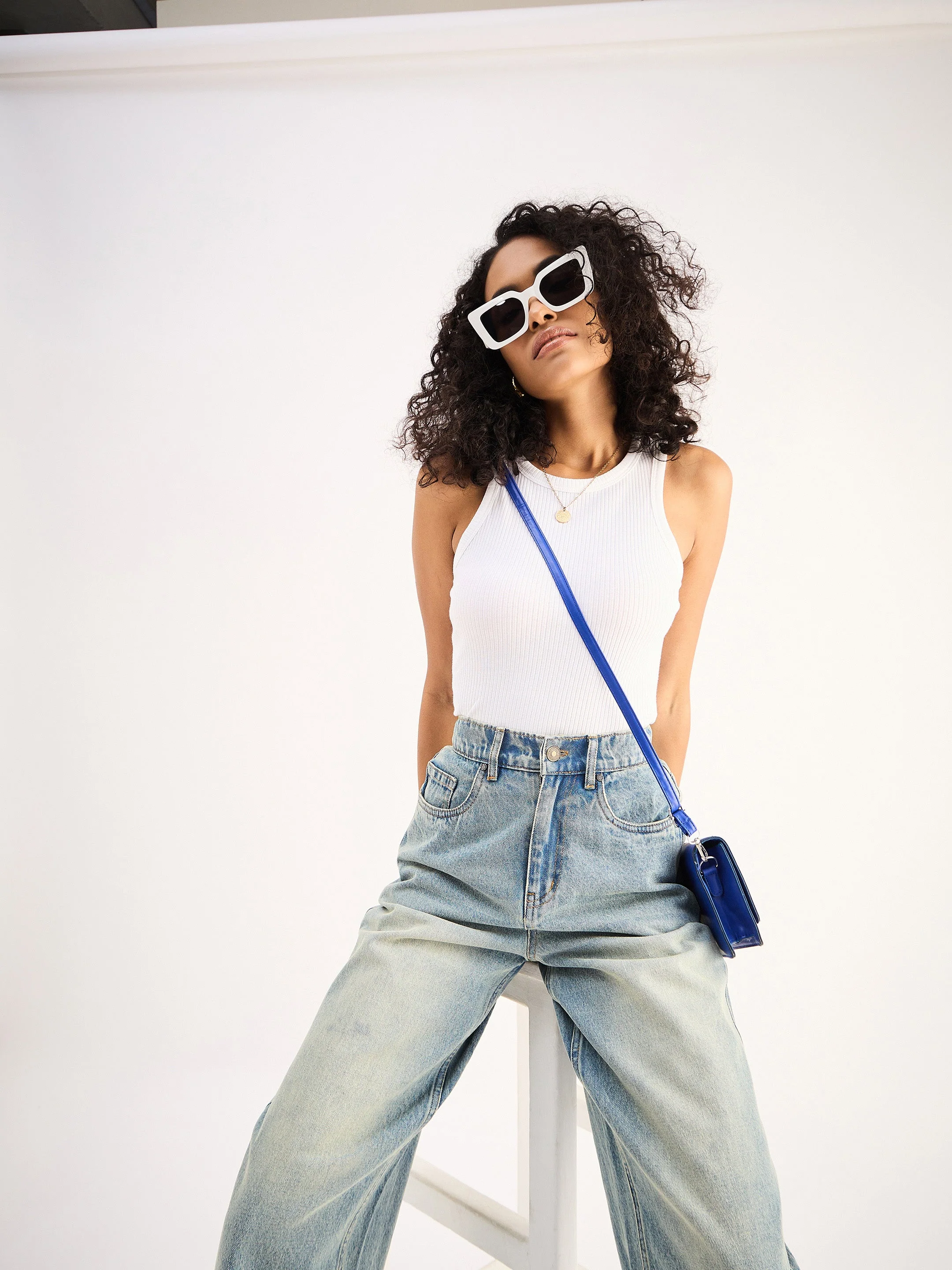 Women White Ribbed Vest Top - Image 6