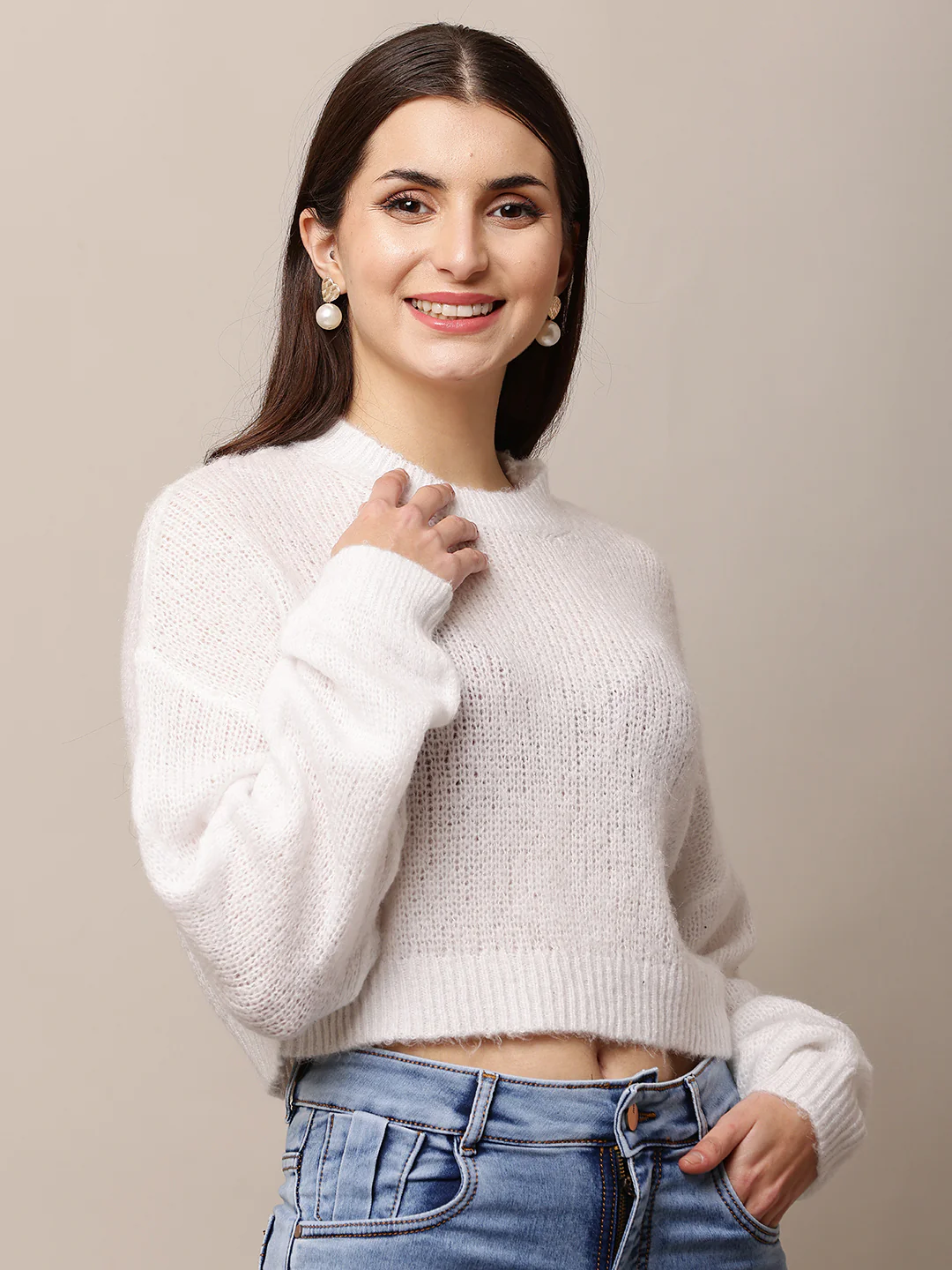 Women White Round Neck Full Sleeve Sweater - Image 2