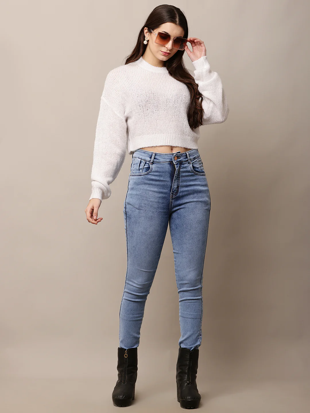 Women White Round Neck Full Sleeve Sweater - Image 3