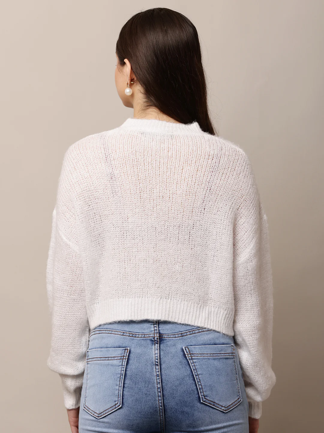 Women White Round Neck Full Sleeve Sweater - Image 4