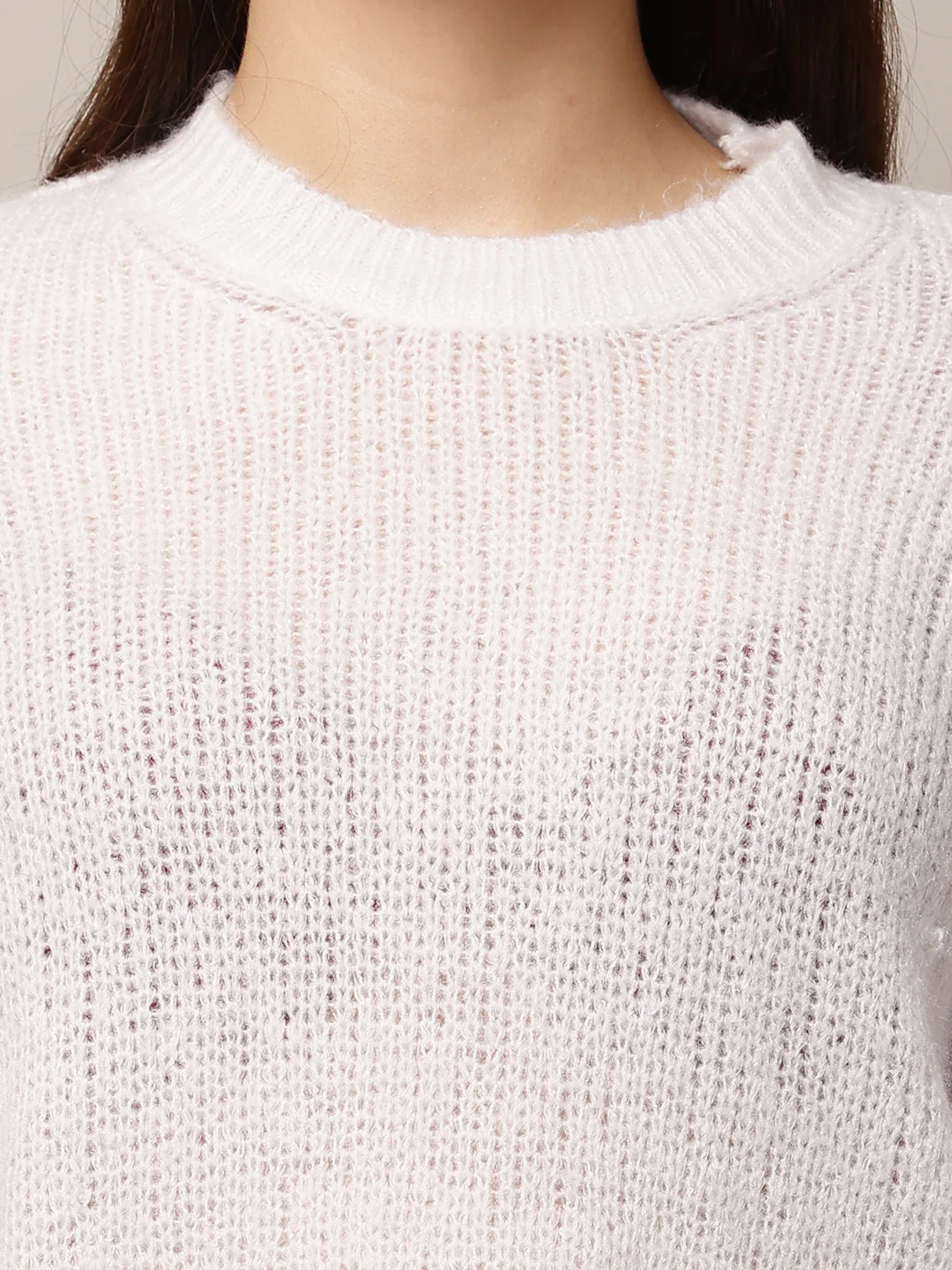 Women White Round Neck Full Sleeve Sweater - Image 5