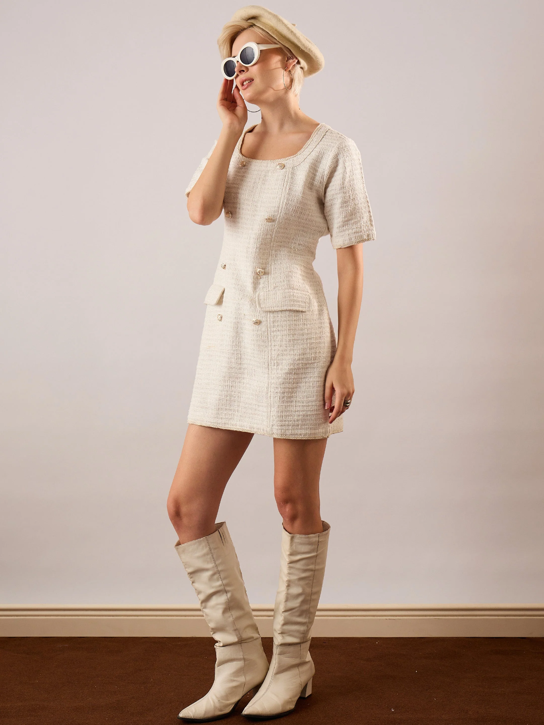 Women White Round Neck Short Dress - Image 2
