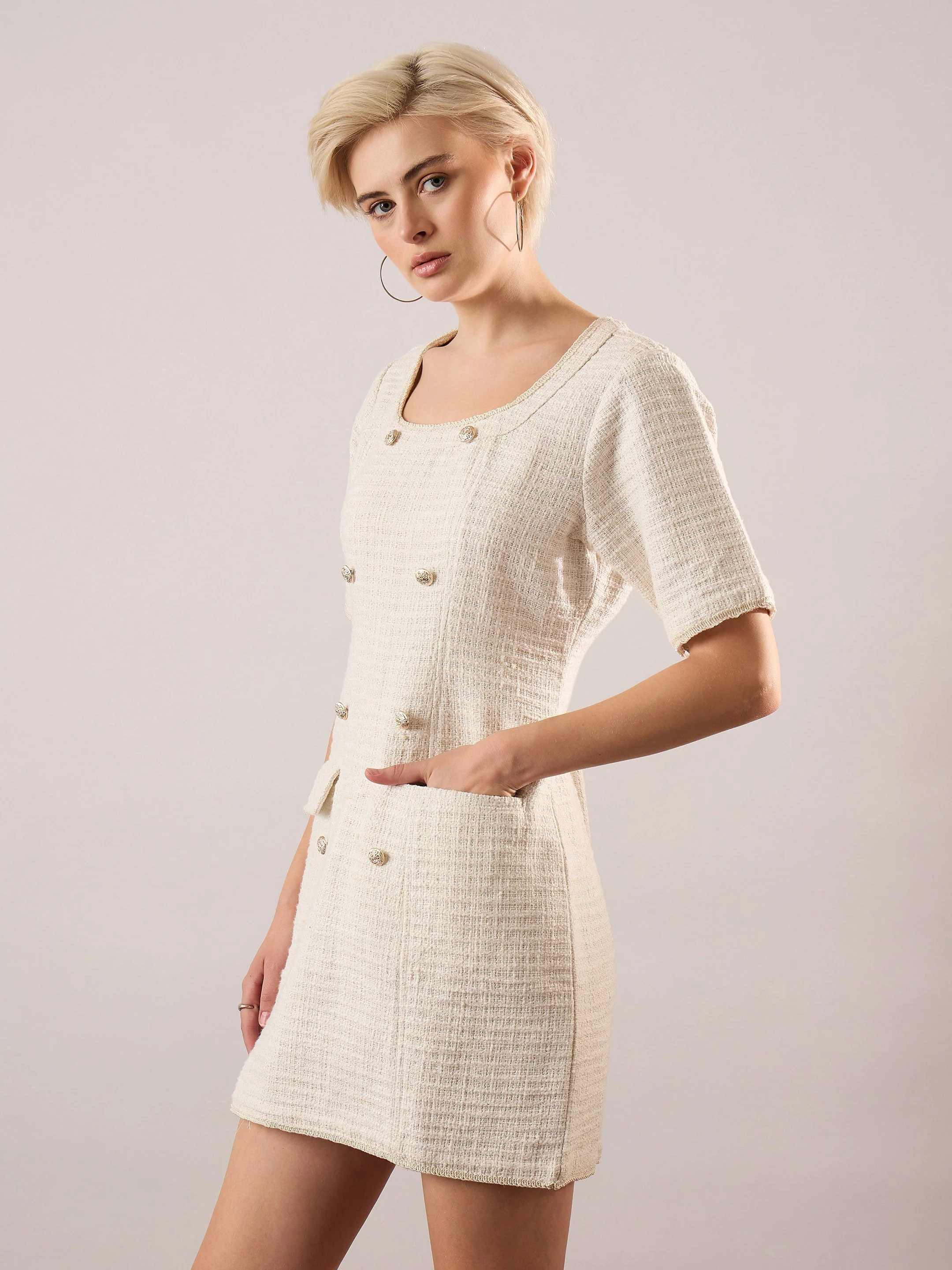 Women White Round Neck Short Dress - Image 3