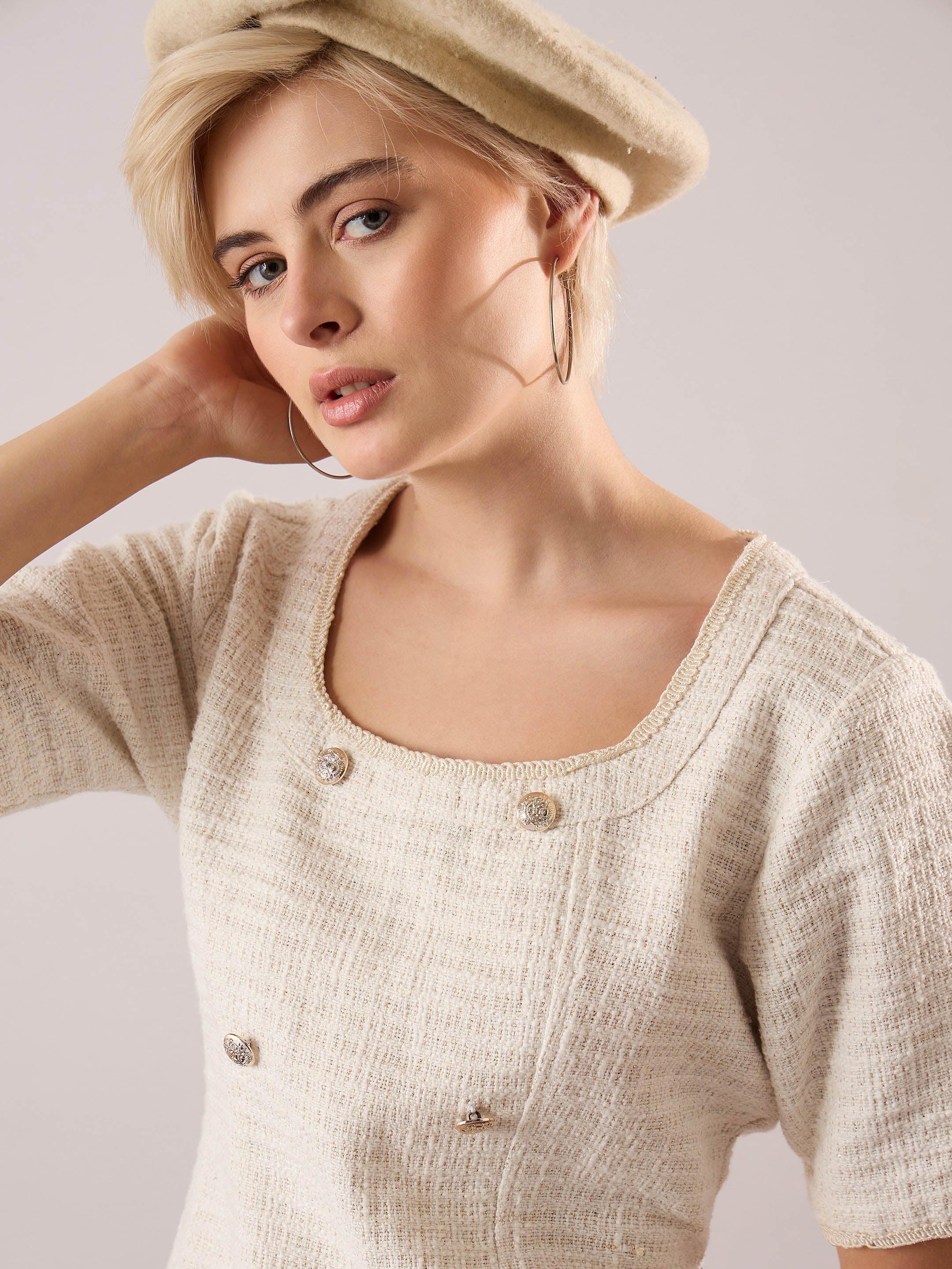 Women White Round Neck Short Dress - Image 4