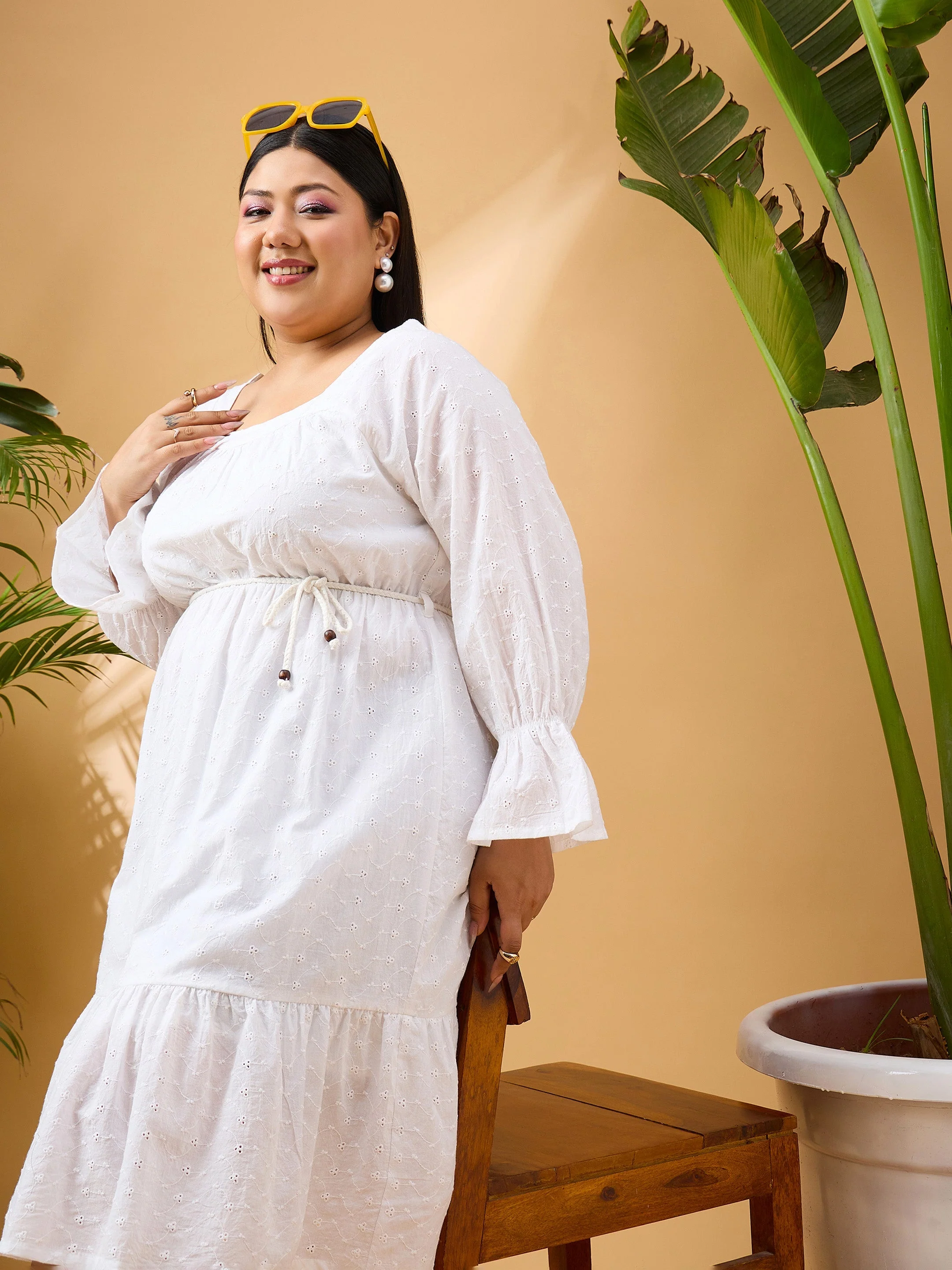 Women White Schiffli Belt Skater Dress - Image 2