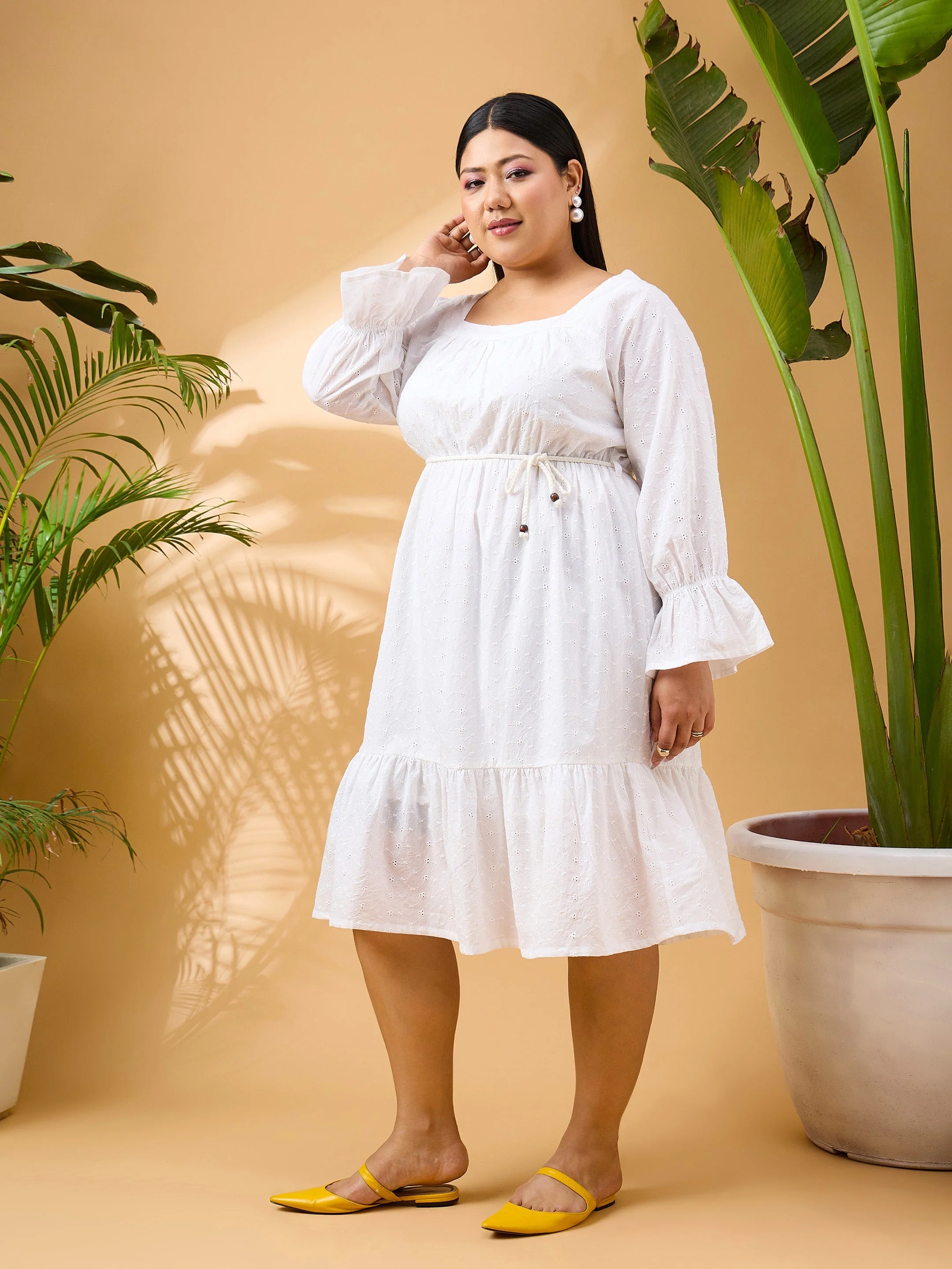 Women White Schiffli Belt Skater Dress - Image 3