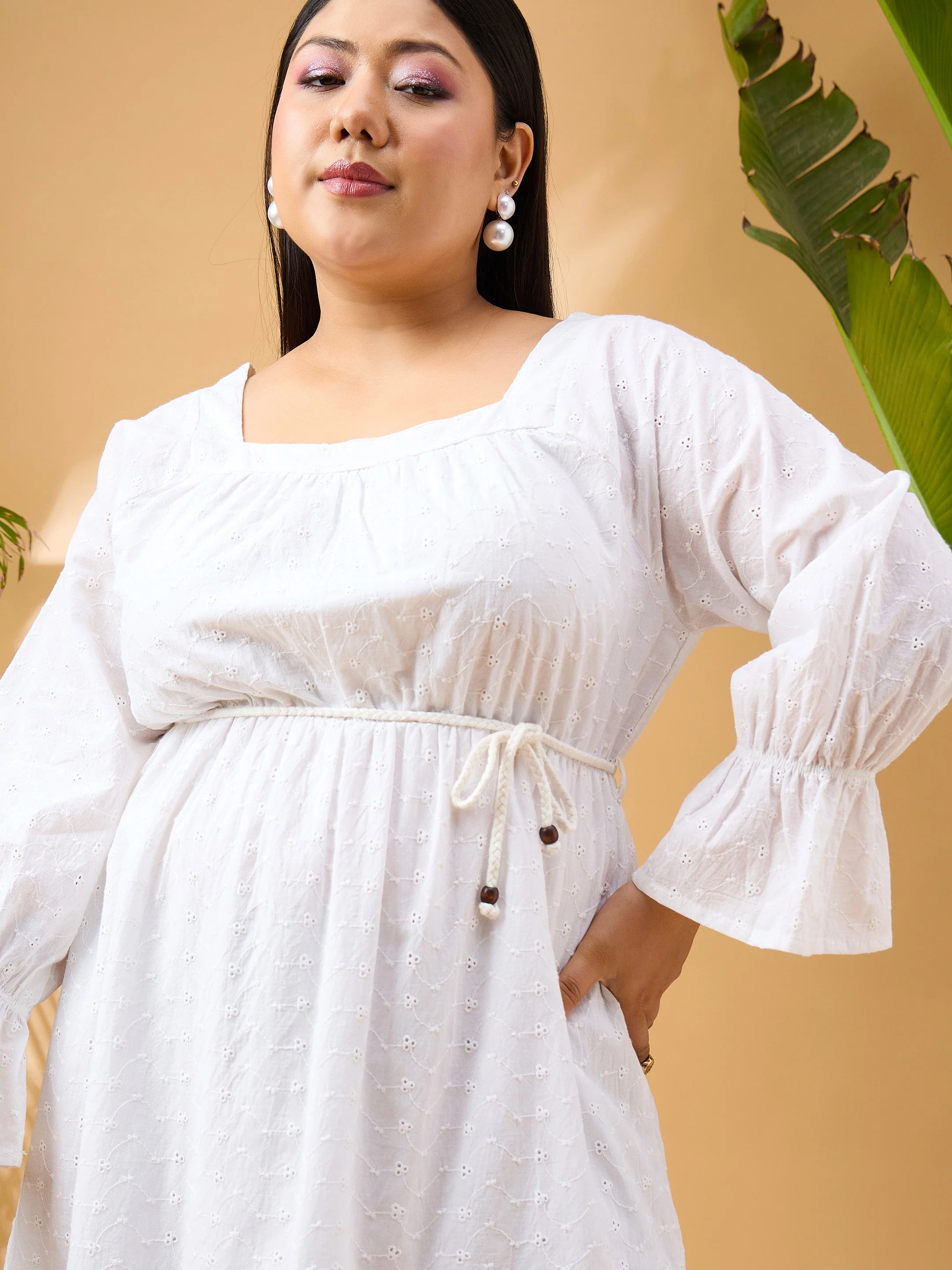 Women White Schiffli Belt Skater Dress - Image 4