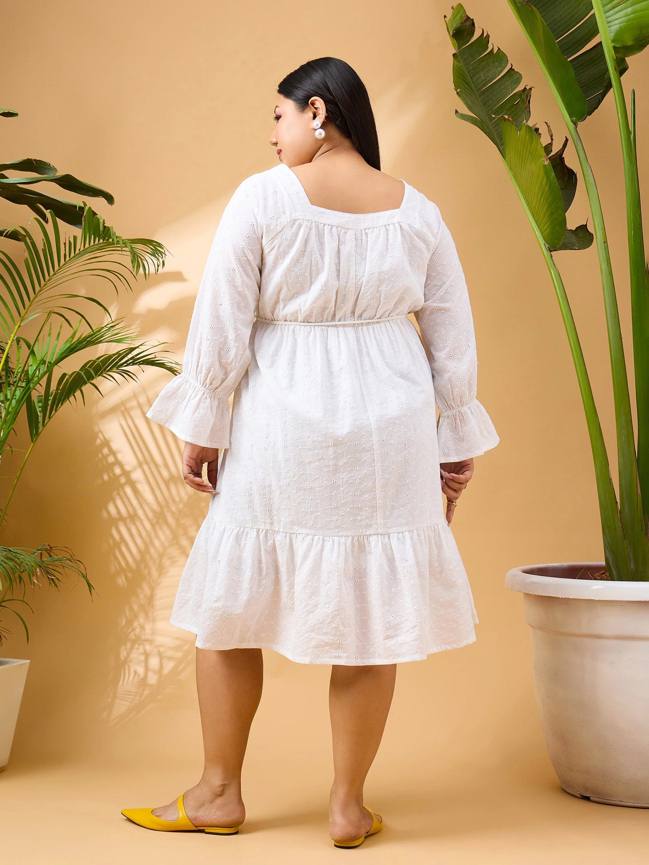 Women White Schiffli Belt Skater Dress - Image 5