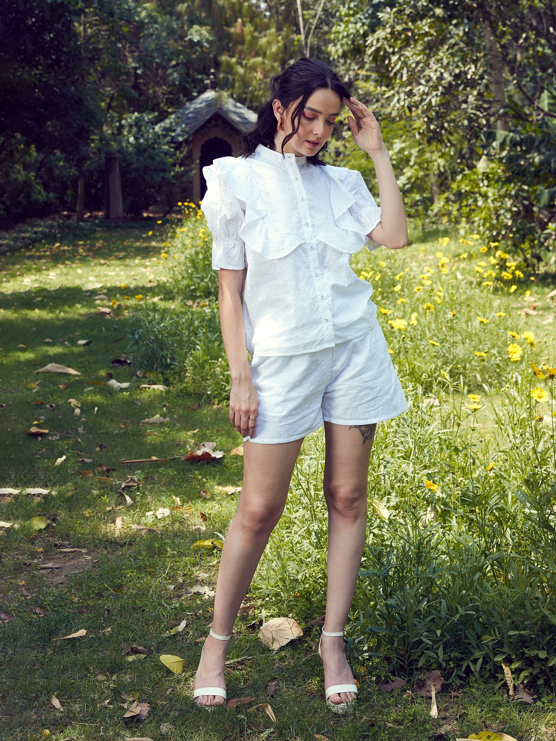 Women White Schiffli Puff Sleeves Shirt With Paperwaist Shorts - Image 3