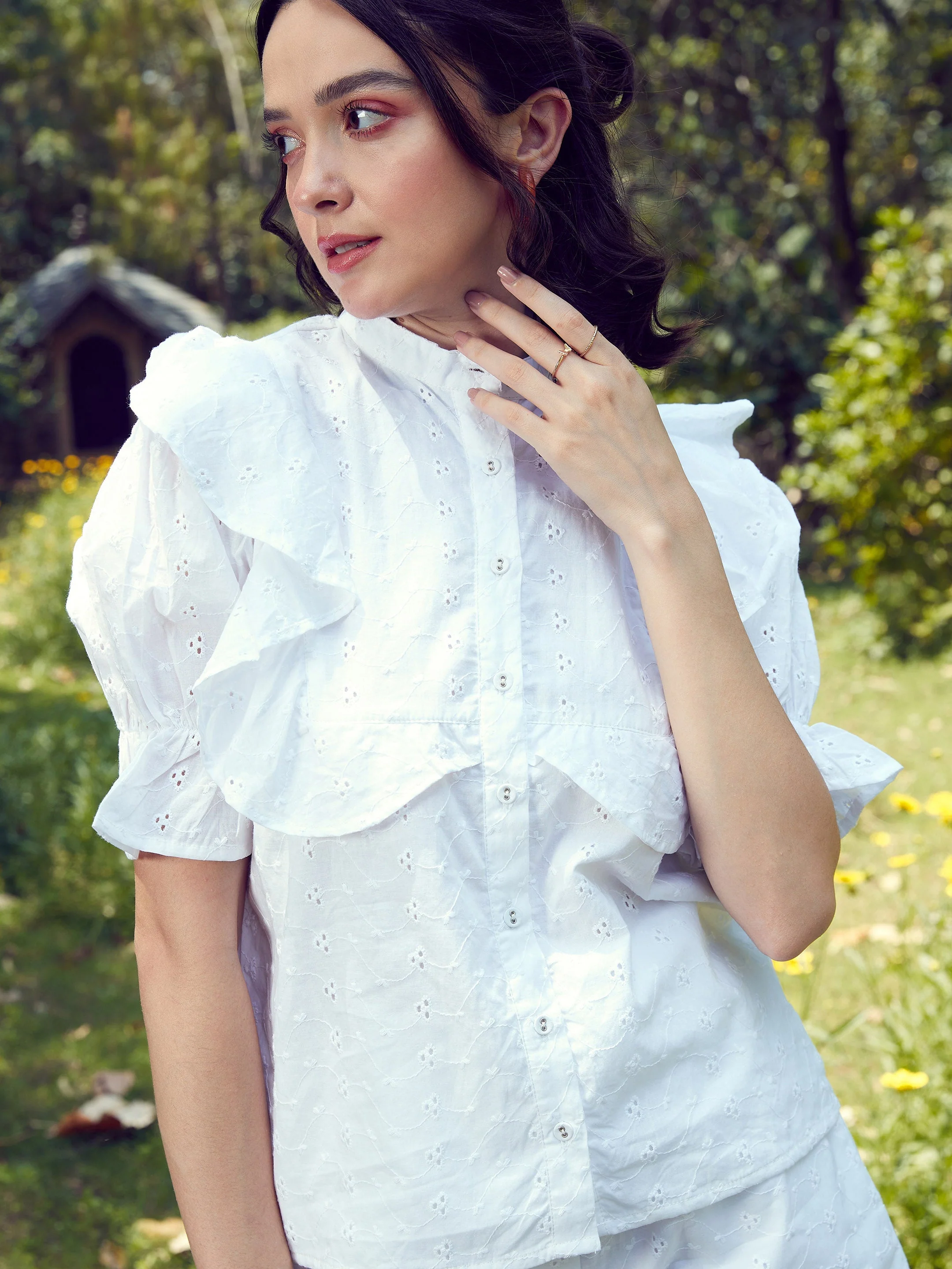 Women White Schiffli Puff Sleeves Shirt With Paperwaist Shorts - Image 4
