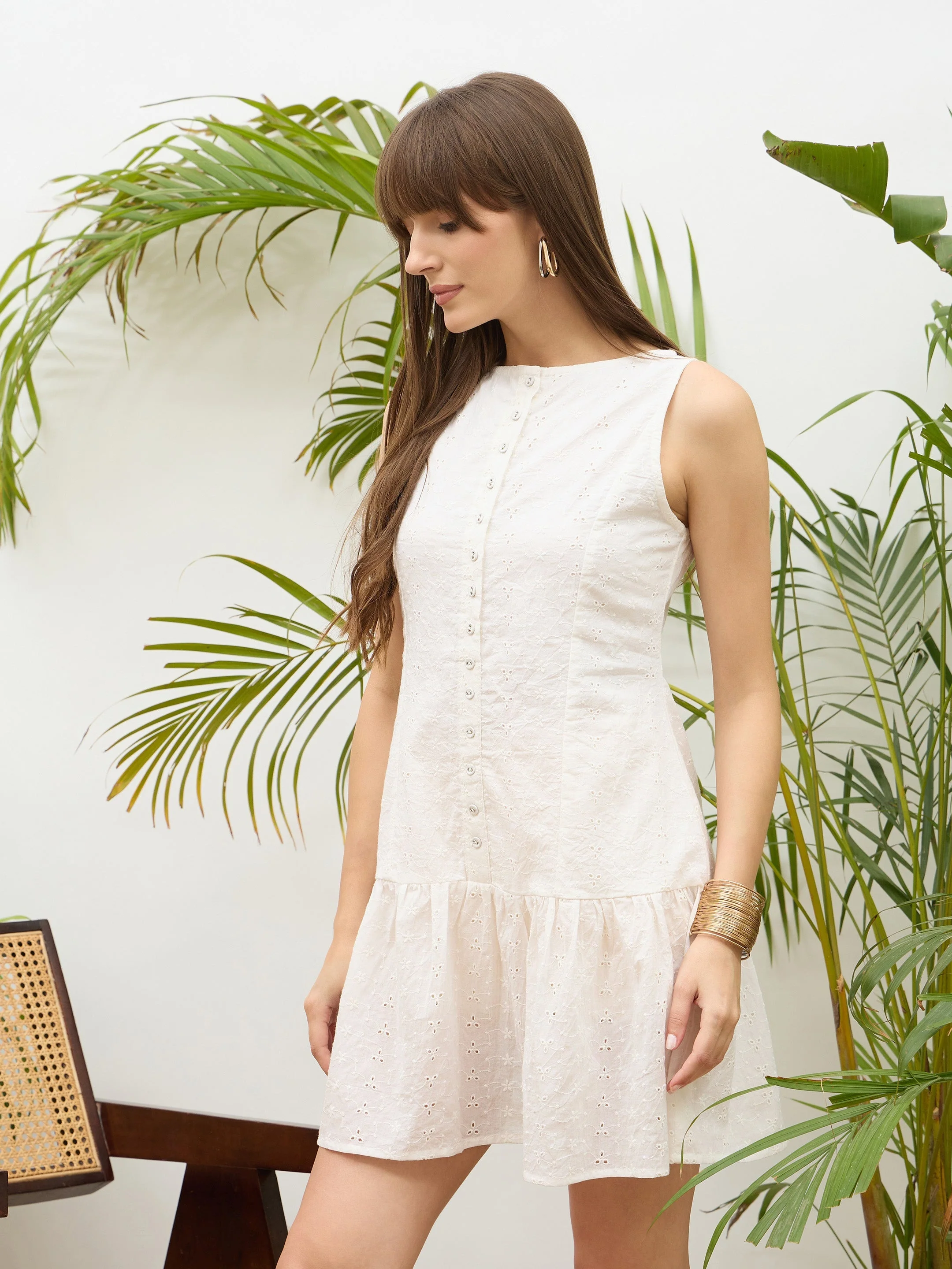Women White Schiffli Sleeveless Gathered  Short Dress - Image 3